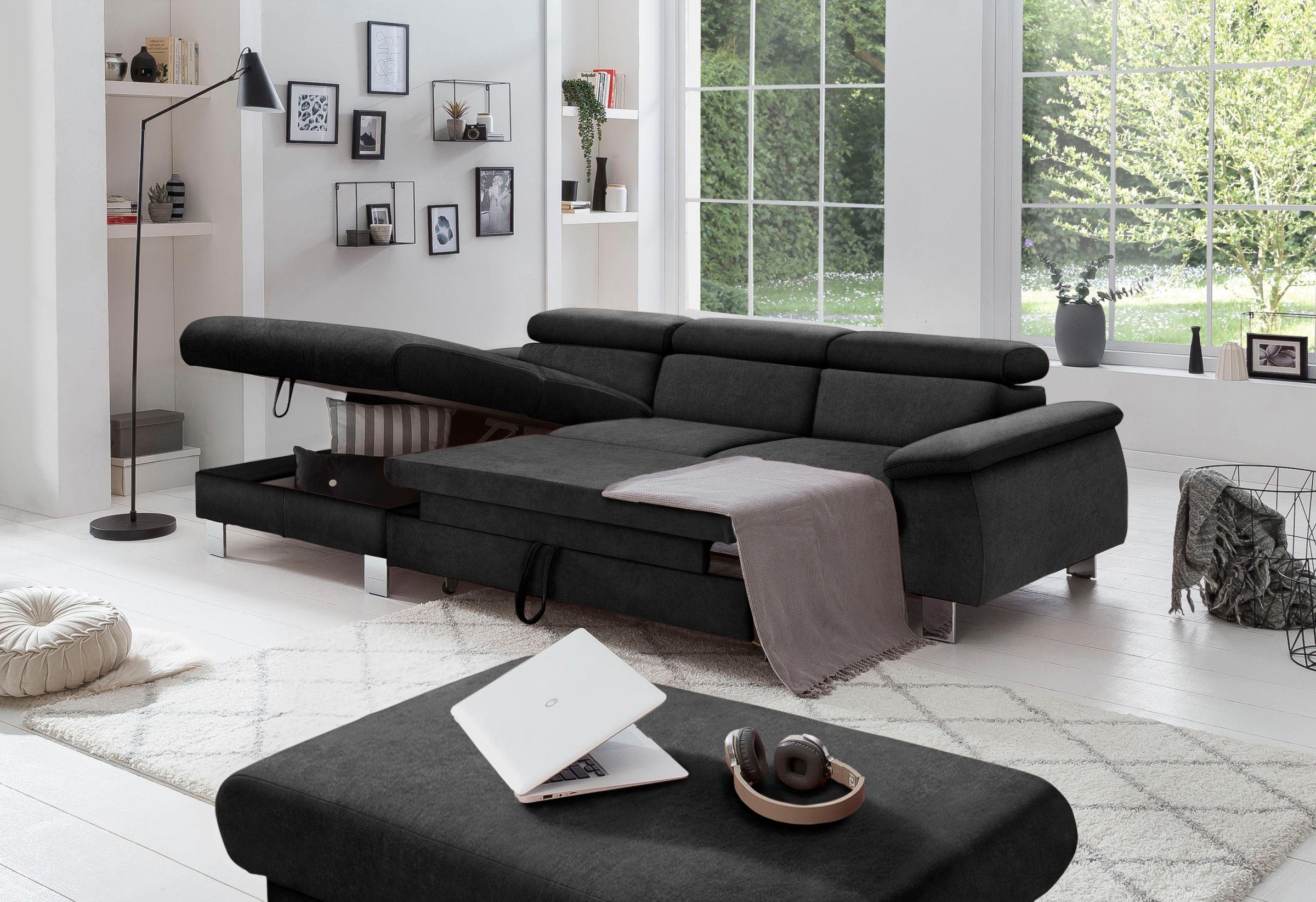 COTTA Ecksofa Komaris, Ecksofa, wahlweise mit RGB-LED-Beleuchtung und Bettfunktion/Bettkasten