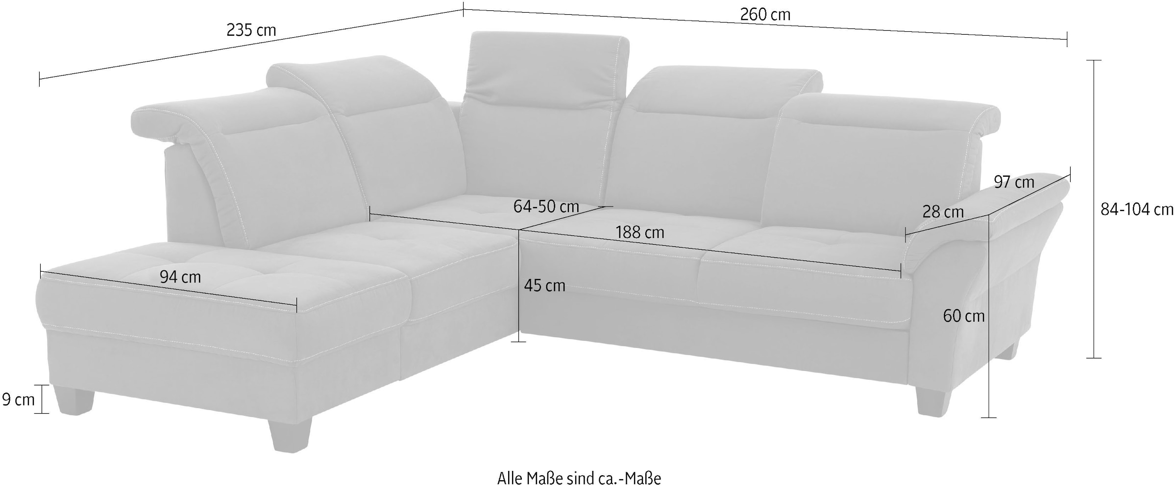 Home affaire Ecksofa »Solvei L-Form«, wahlweise auch mit Kopfteilverstellung und Bettfunktion, Federkern