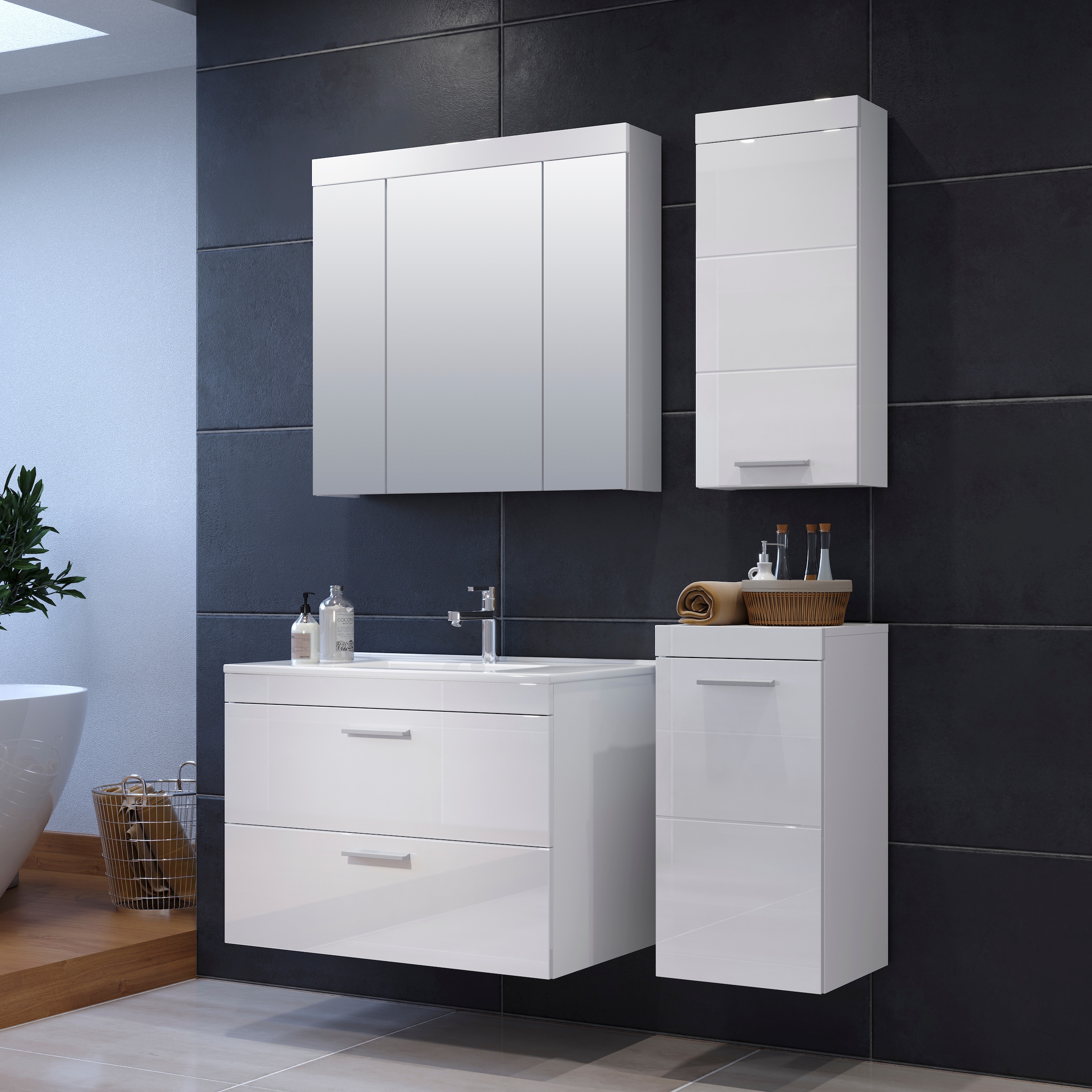 welltime Badezimmer-Set »Dormoletto«, (5 St.), Hängende Badezimmermöbel inklusive Einsatz-Waschbecken
