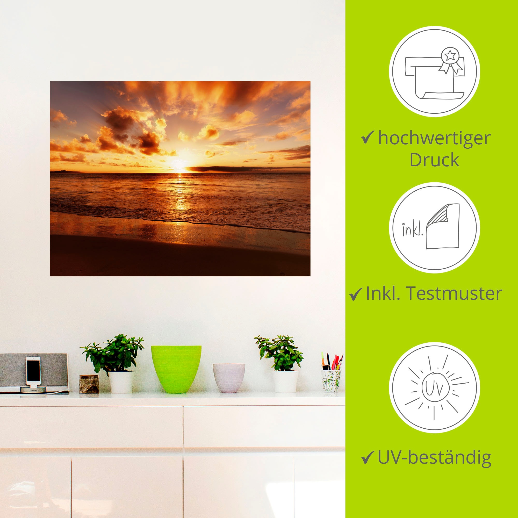 Artland Wandbild »Schöner Sonnenuntergang Strand«, Gewässer, (1 St.), als Leinwandbild, Poster, Wandaufkleber in verschied. Größen