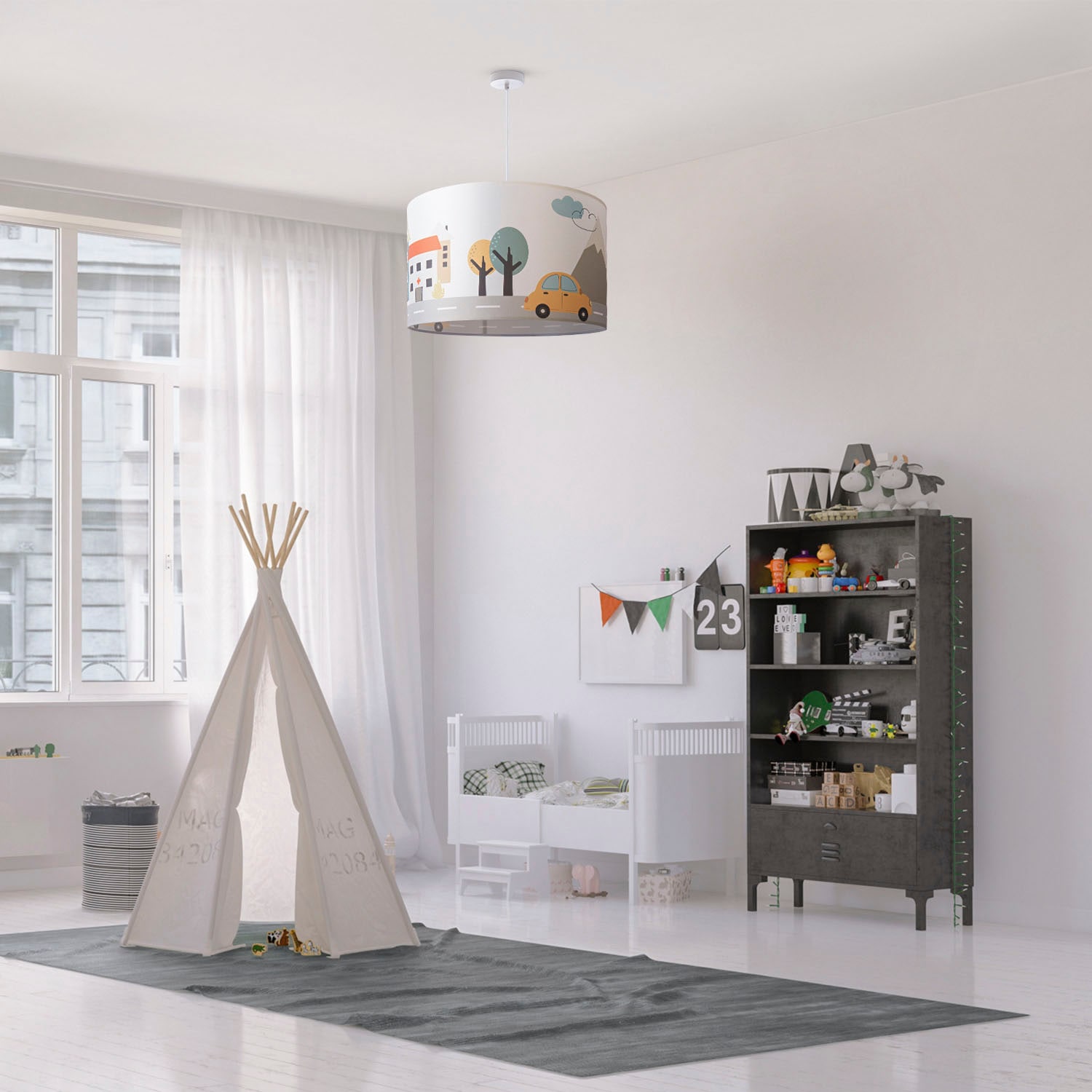 Paco Home Pendelleuchte »Hugo Cabri«, Leuchtmittel E27 | ohne Leuchtmittel, Pendellampe Kinderzimmer n Decke Stoff Lampenschirm Feuerwehr Polizei