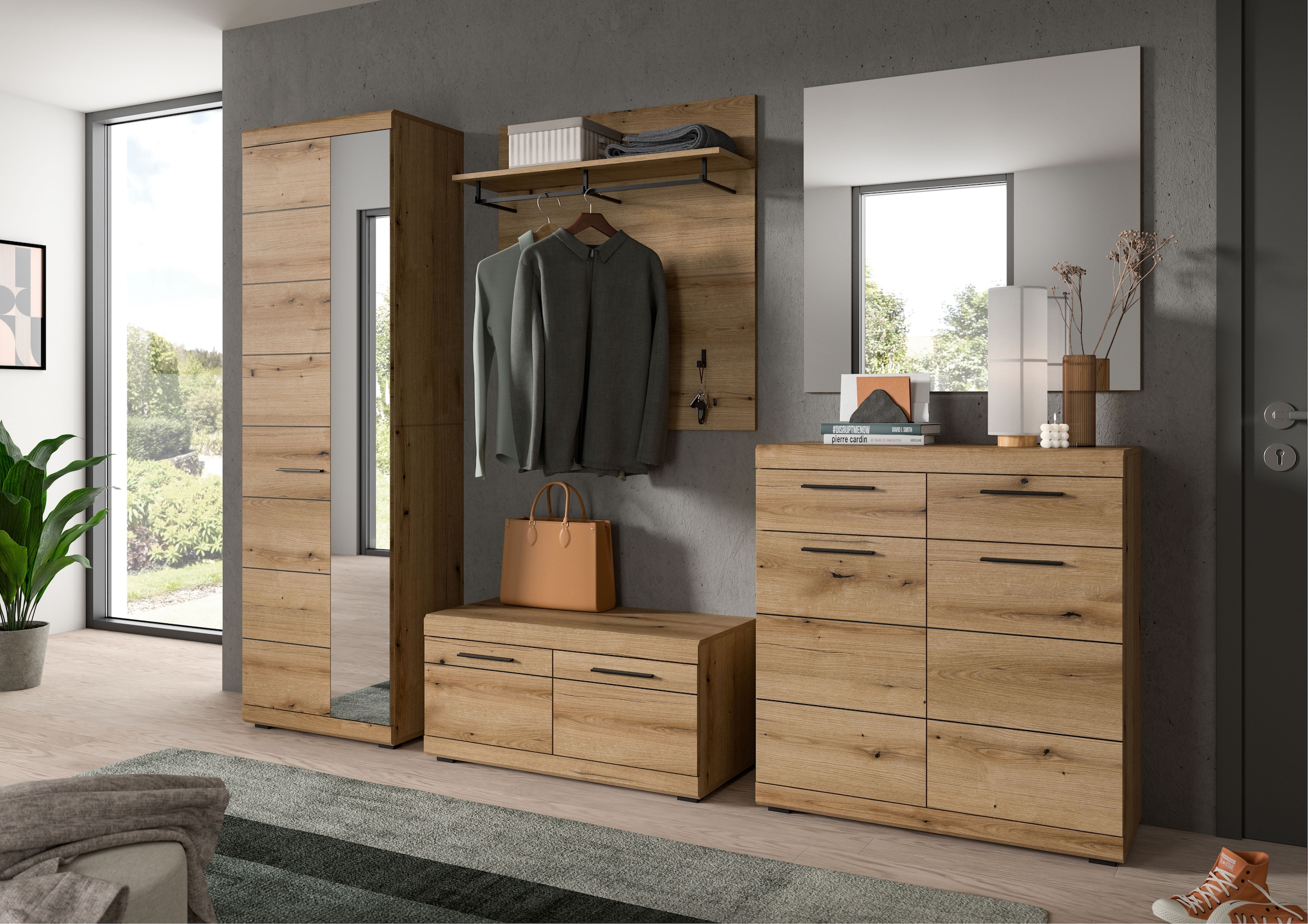 INOSIGN Garderoben-Set »Siena, Fronten mit hochwertiger Rillenfräsung, 4-teilig,bestehend aus:«, (Komplett-Set, 4 St.), Scout Garderobenkombination 4-tlg., Flur, Diele