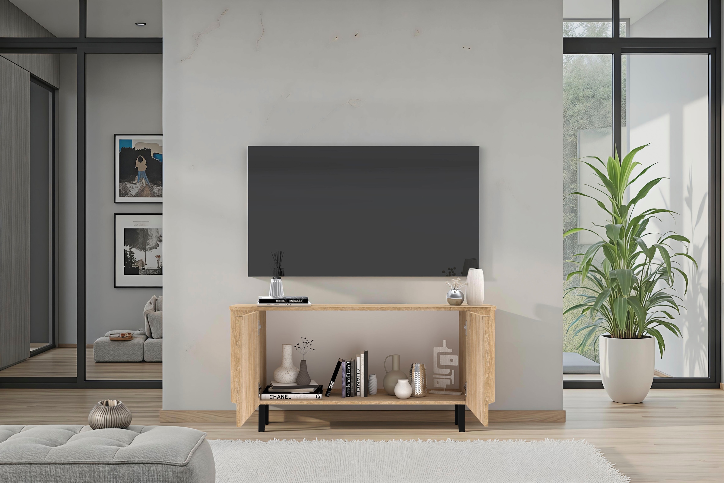 Home affaire Lowboard »Murano, 131 cm breit, 2 Türen, TV-Schrank, TV-Kommode, Medienboard« Formgebogenes MDF, Stirnseiten mit Rundung, Füße und Griffe aus Metall