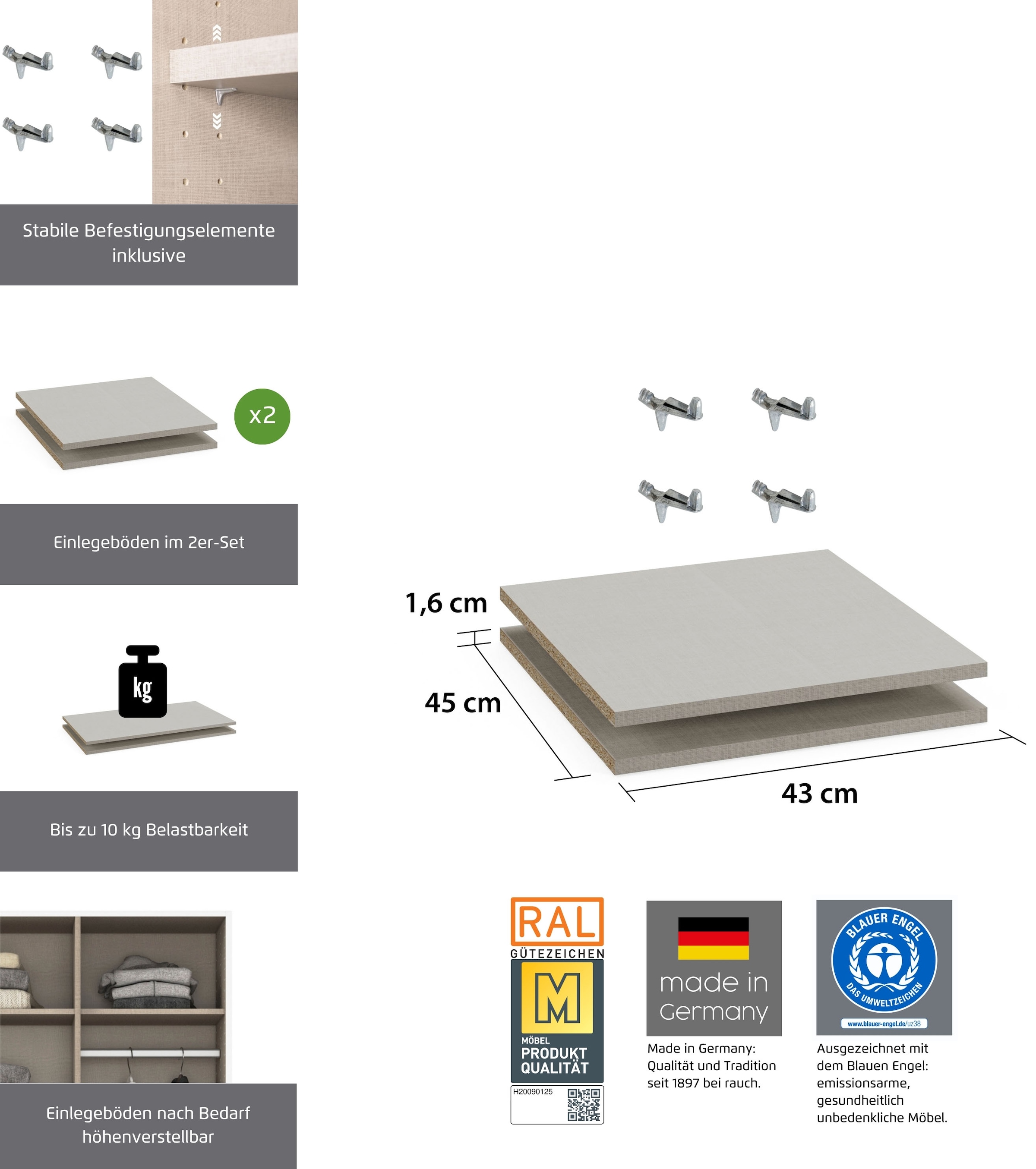 rauch Einlegeboden »Zubehör für Rauch-Drehtürenschränke ORANGE« 2er-Set Breite 43 cm, Tiefe 45 cm