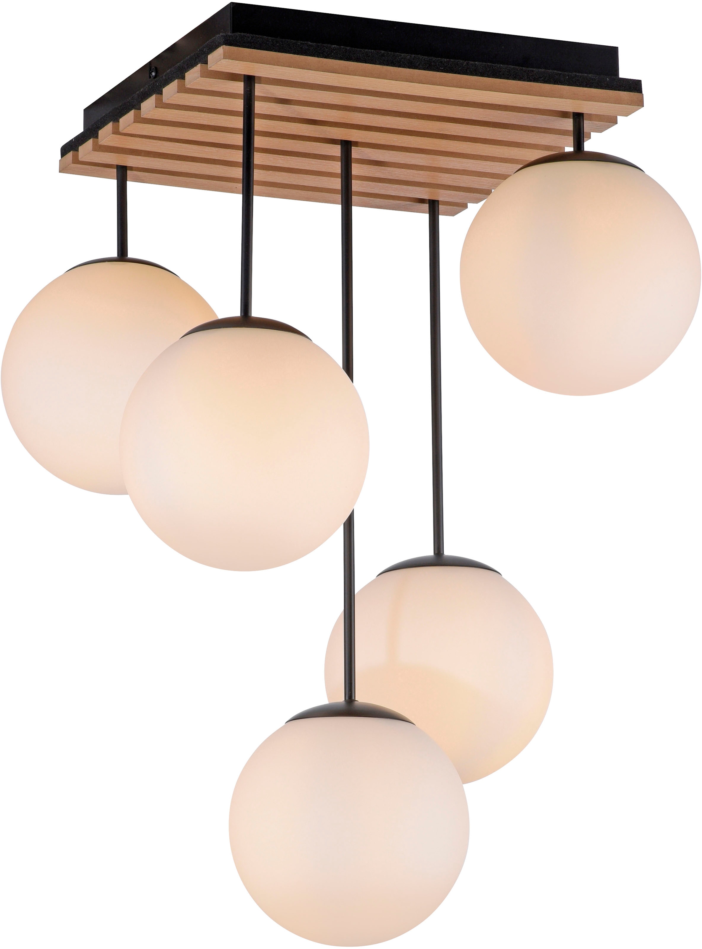 Leonique Deckenleuchte »Erinette Akustikpaneele mit Glaskugeln«, 5 flammig, Leuchtmittel E14 | ohne Leuchtmittel-Leuchtmittel wechselbar, Holz, Akustik, Paneele, Glas, Deckenlampe E14