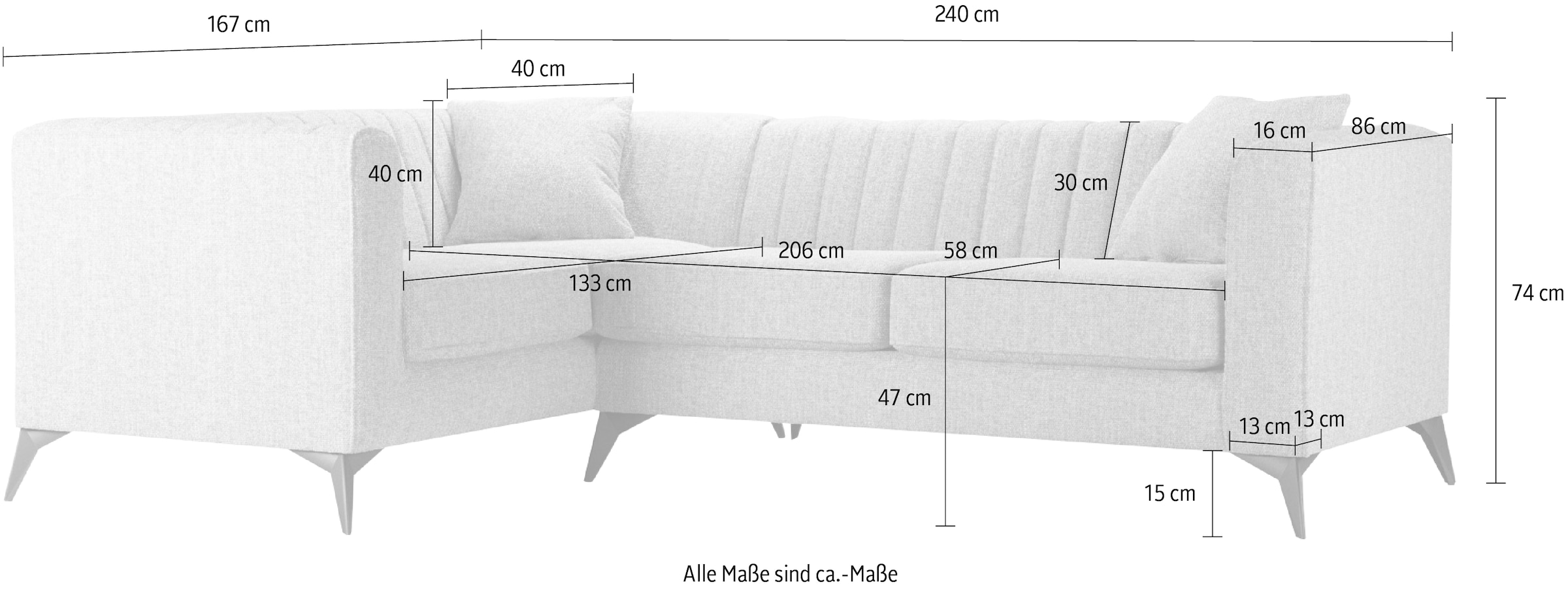 Home affaire Ecksofa »MATTHEW L-Form ideal für kleine Räume, Maße B/T/H:  240/167/74 cm« elegantes Designsofa, Steppung im Rücken, incl. Zierkissen