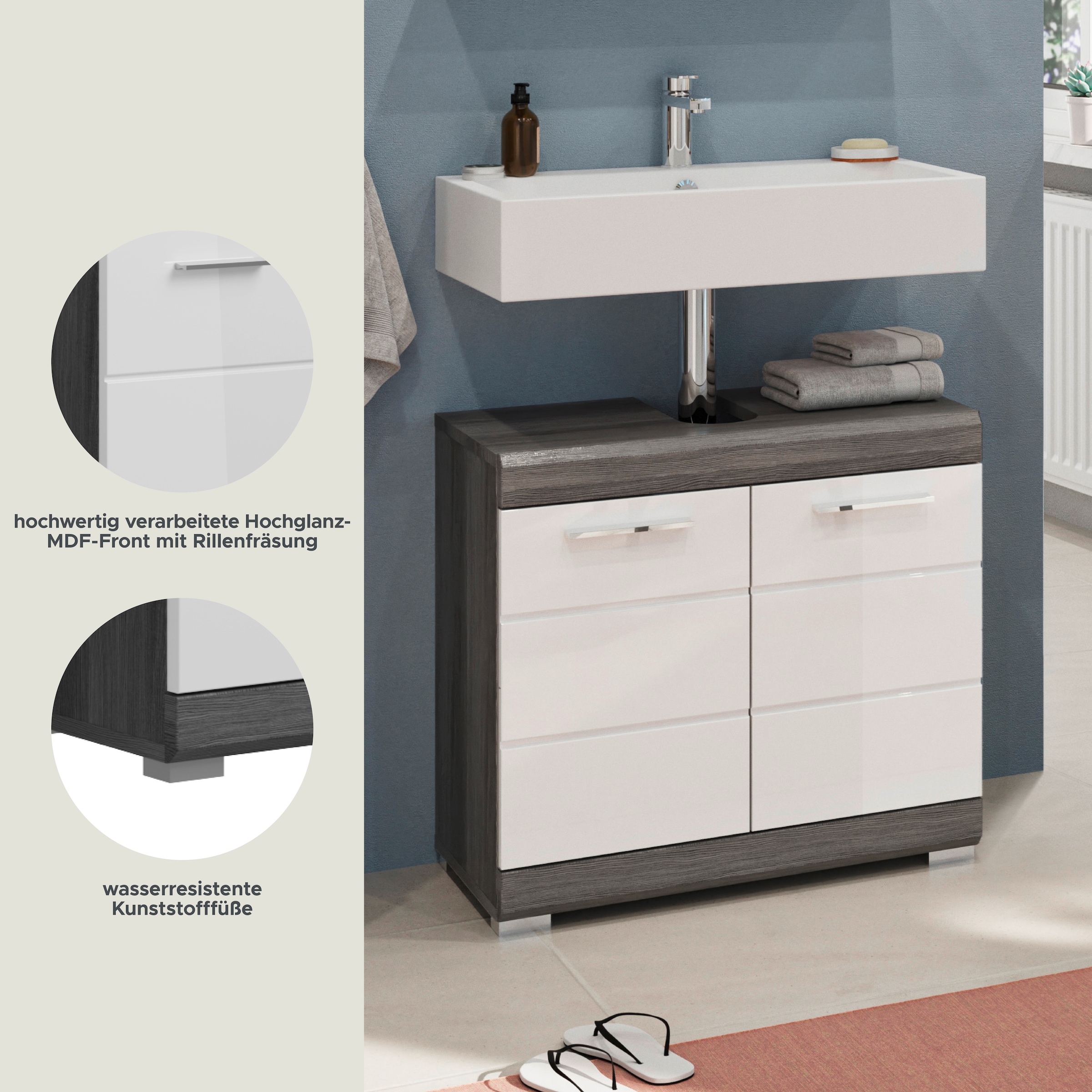 INOSIGN Waschbeckenunterschrank »Siena, Breite 60cm, 2 Tür, 2 Fächer, mit Siphonausschnitt, MDF-Front«, (1 St.), in verschiedenen Farben erhältlich, Badmöbel, Badschrank, Kommode, Bad