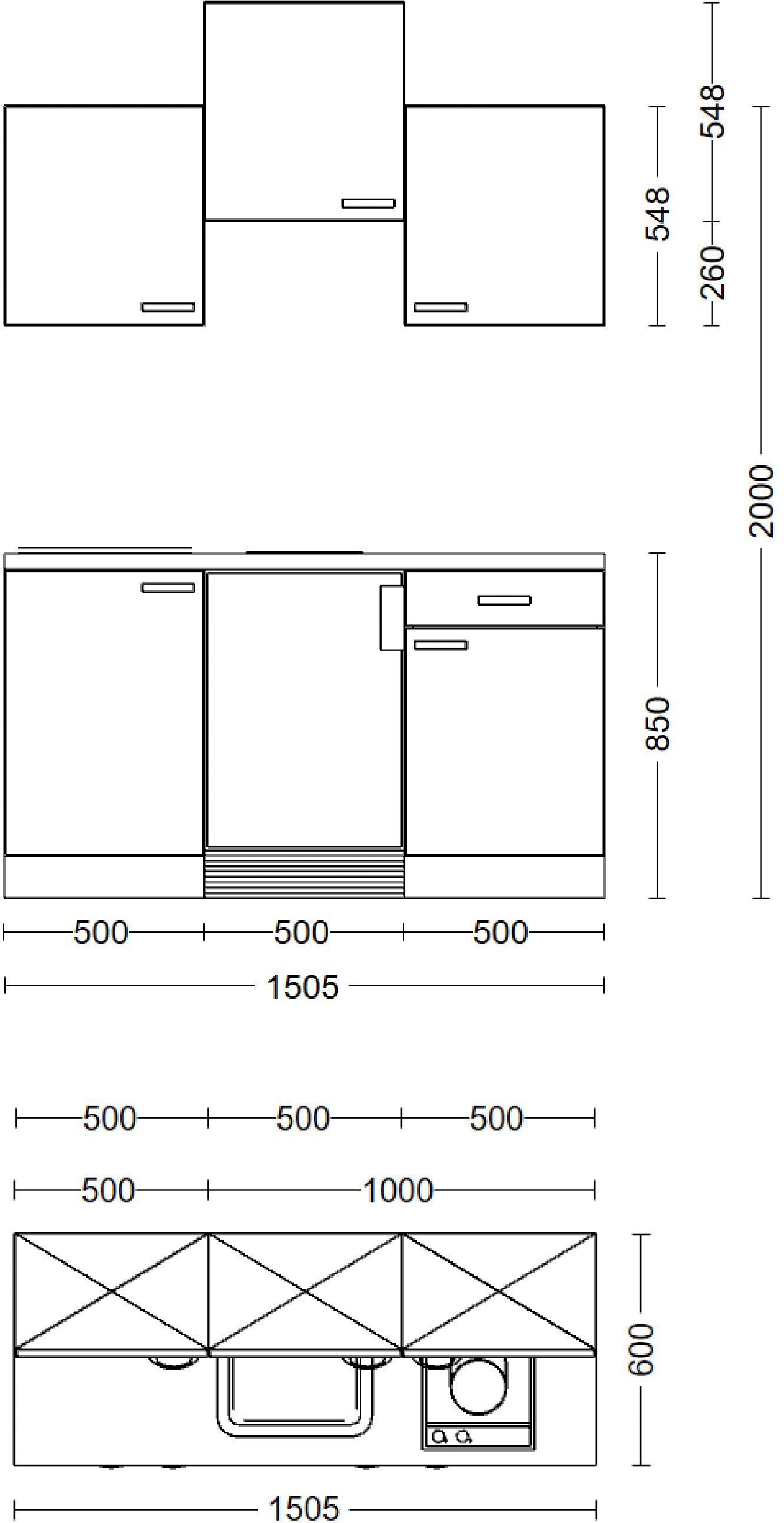 Flex-Well Küchenzeile »Lucca«, Breite 150,5 cm, mit Unterbau-Kühlschrank, Kochfeld und Spüle