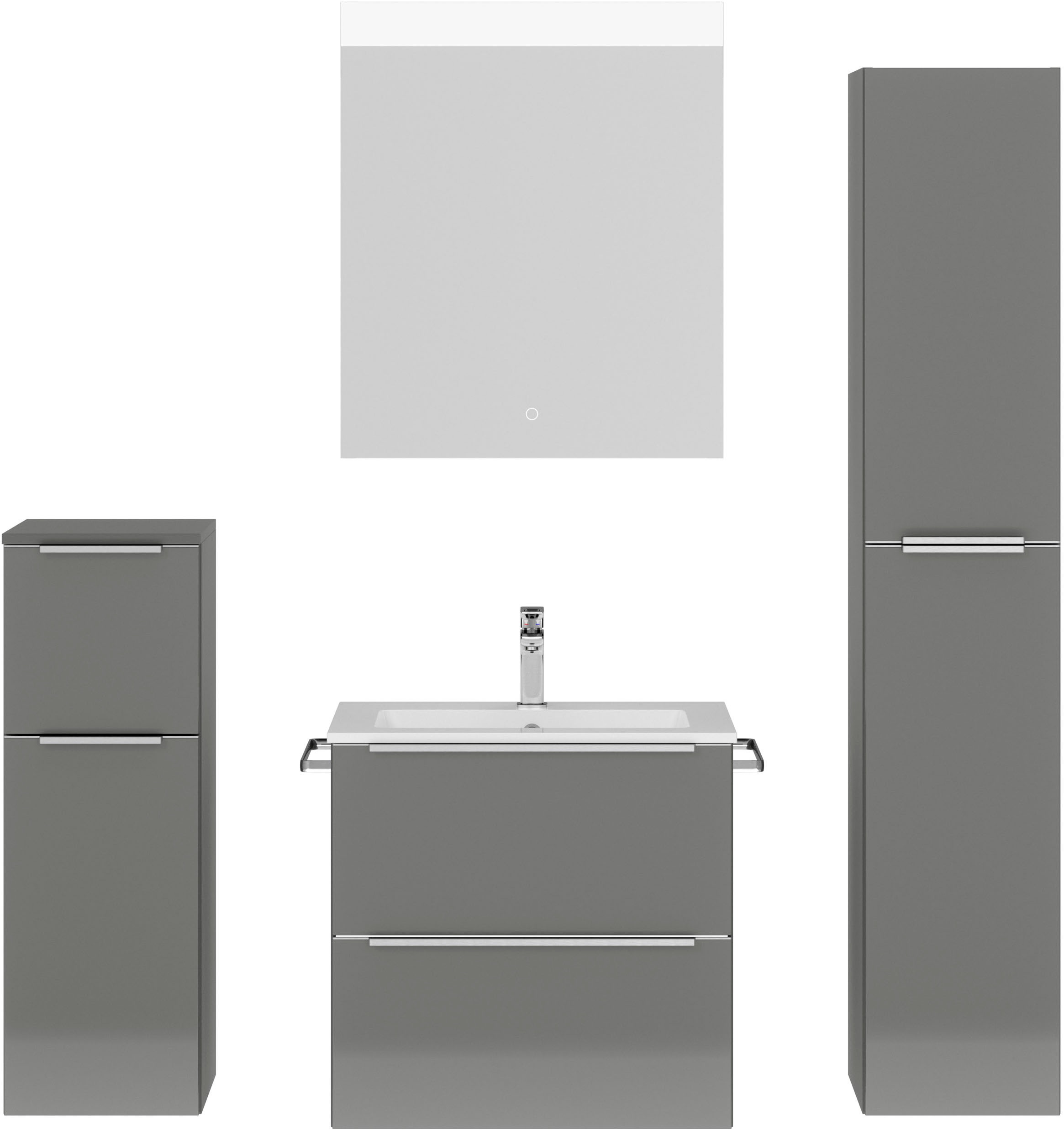 nobilia® Badmöbel-Set »Levere«, (4 St., vormontiert, mit Soft-Close), Hochglanz, inkl. Spiegel mit Touch-Sensor, in vier Breiten