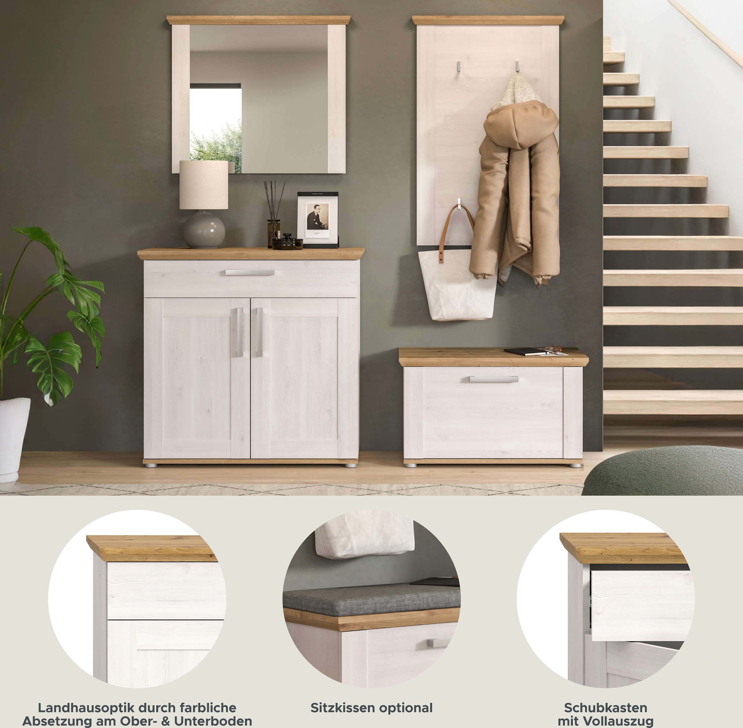 Home affaire Garderoben-Set »Cosenza, Breite ca. 190 cm, 2-farbig, 4-teilig, bestehend aus:«, (4 St.), Sitzbank, Garderobenpaneel, Schuhschrank, Spiegel, in Landhausoptik