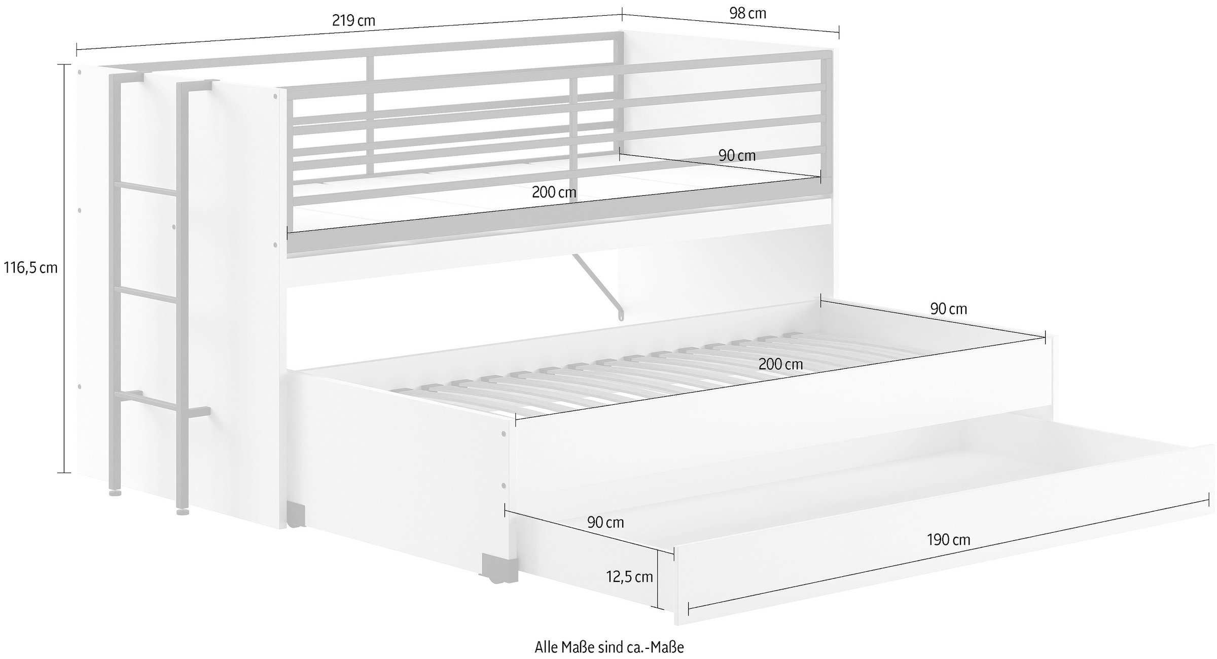 Home affaire Etagenbett, (Made in Europe), für kleine Räume, 2 Liegefl., Bettschublade, inkl. Schreibtisch, Dekor