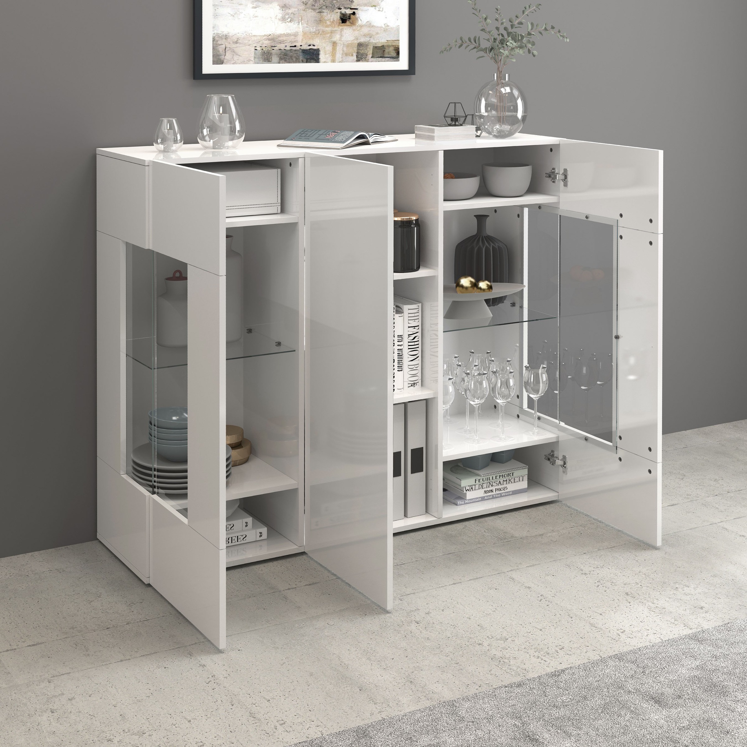 INOSIGN Highboard »Egypt, Highboard, Hochschrank, Hochkommode, Vitrine«, mit 3 Türen davon 2 mit Glaseinsatz,kompl. Hochglanz lack.,Breite 135