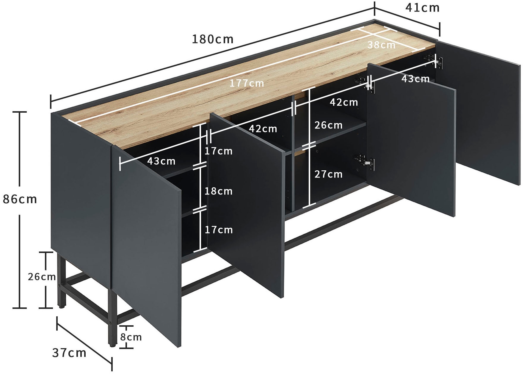 OTTO home Sideboard »Azly« pflegeleichte Melaminoberfläche, Metallgestell, ABS-Kanten