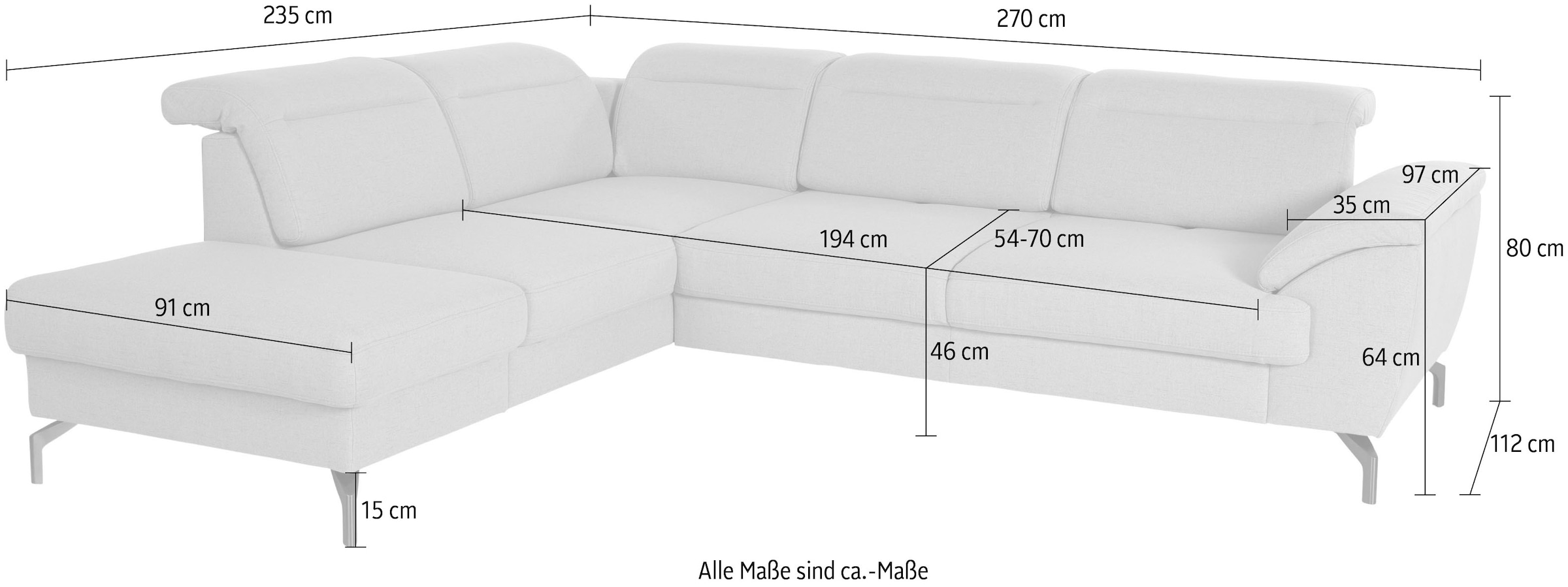 sit&more Ecksofa »Percy L-Form« 15 cm Fußhöhe, Sitztiefenverstellung, wahlweise in 2 Fußfarben