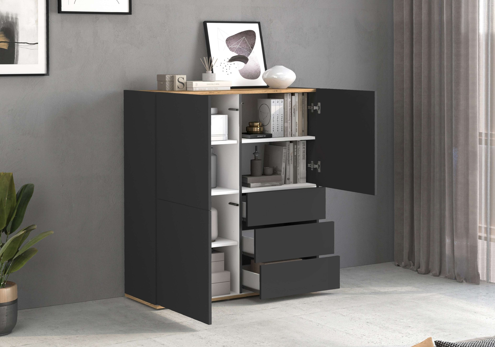 INOSIGN Highboard »GARDA Highboard, Kommode, Schrank, Grifflos mit Push to Open«, (1 St.), 3 Türen, 3 Schubladen, grifflos Breite 102 cm