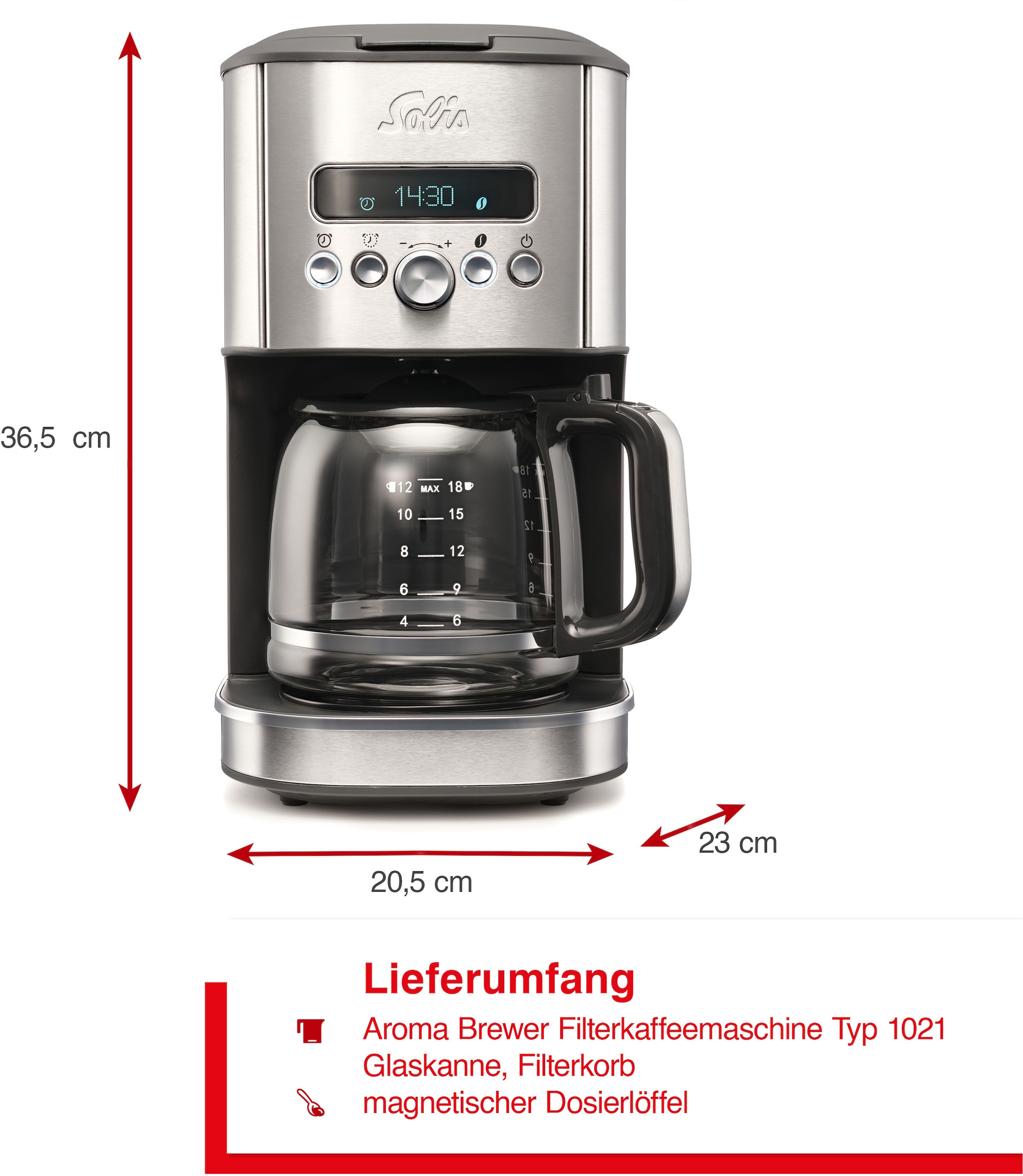 SOLIS OF SWITZERLAND Filterkaffeemaschine »Aroma Brewer (Typ 1021)«, 1,8 l Kaffeekanne, Papierfilter, mit Warmhaltefunktion