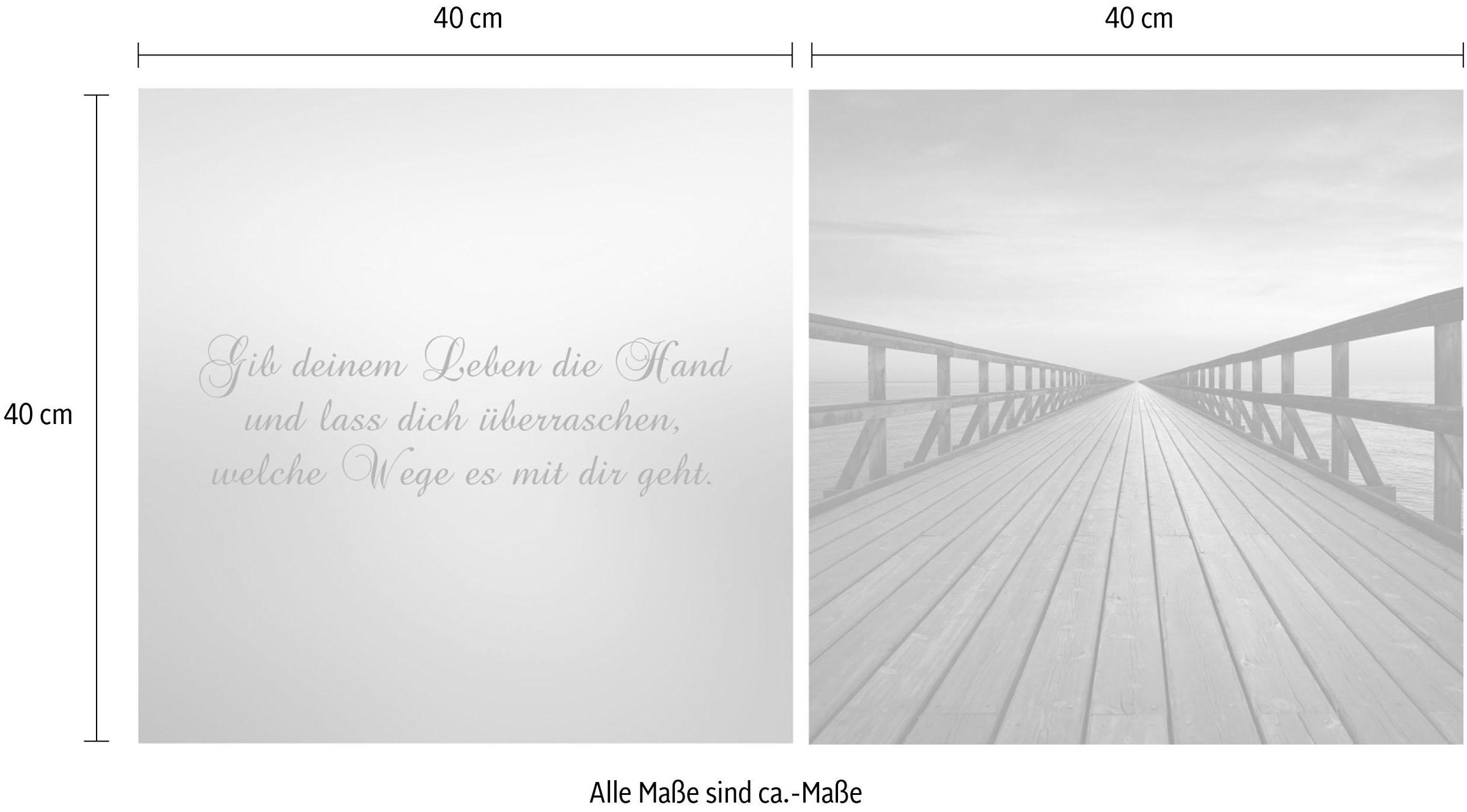 queence Leinwandbild »Weg in die Zukunft«, Steg-Sonnenaufgang-Himmel-Kunst-Modern-Spa-Spa Bilder-Sprüche-Sprüche & Texte-Schriftzug-Schriftzüge, (Set), Premium-Leinwandstoff, Handarbeit aus Deutschland, Spruch, 2er Set
