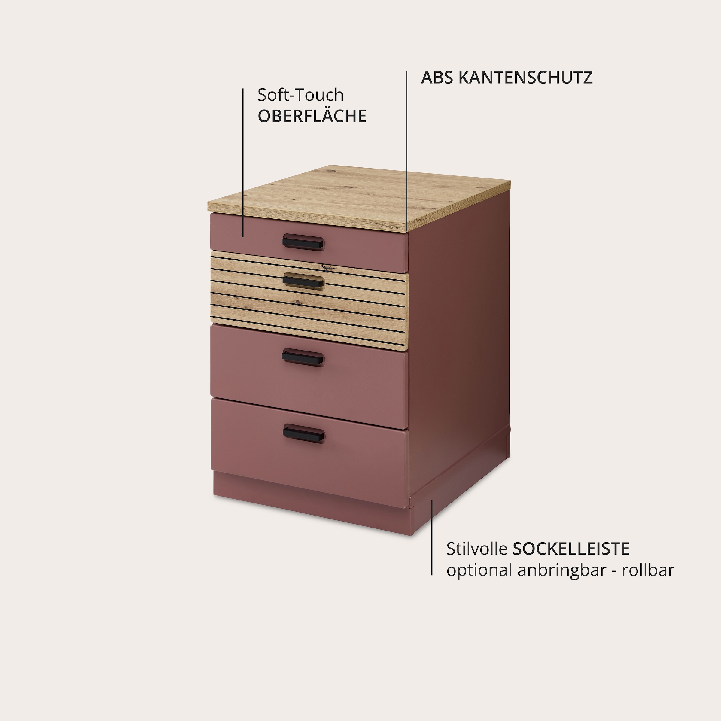 Innostyle Rollcontainer »Nachtkommode Glenn, 45 x 66 x 55 cm (B/H/T)«, (1 St.), inkl. Filzeinlage, 4 Rollen (2 mit Bremsen) oder Sockel, SK Soft-Close