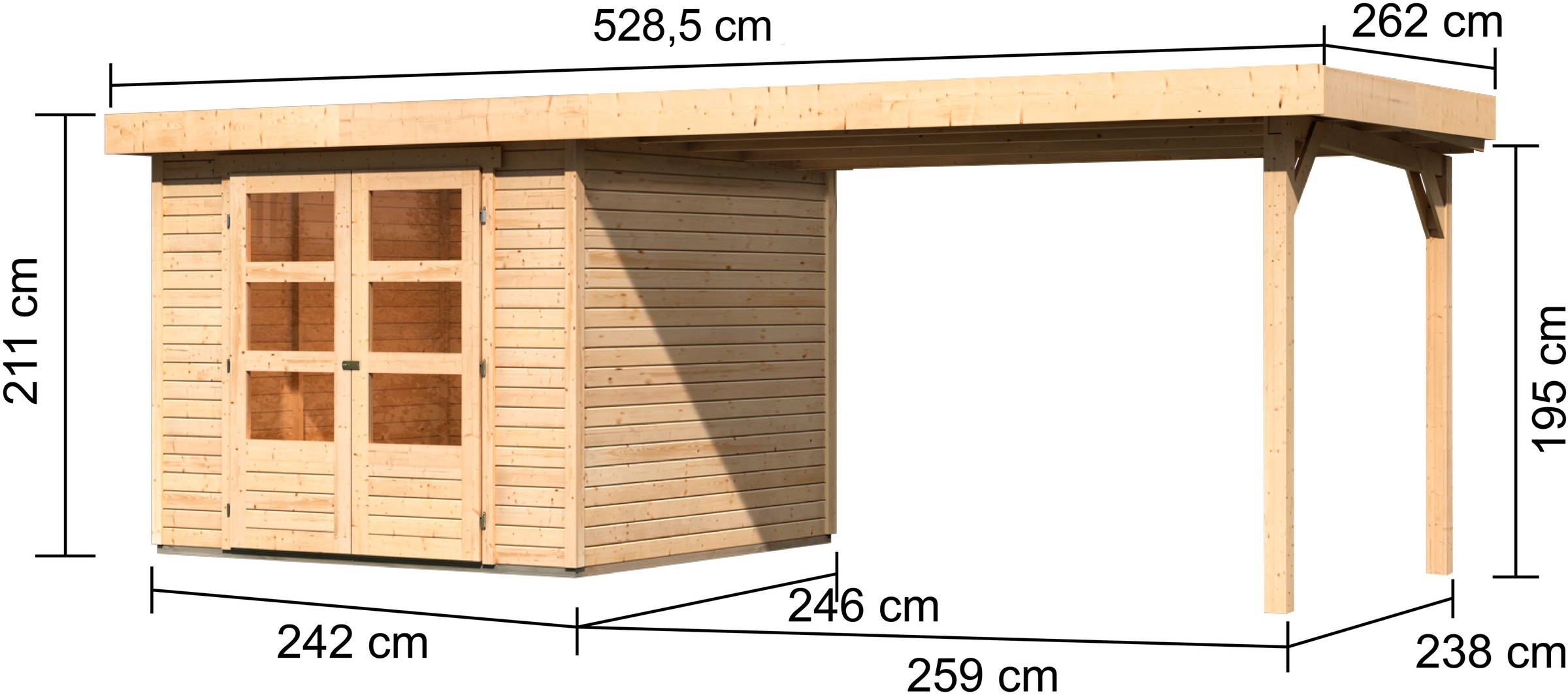 Karibu Gartenhaus »Arnis 3,5«, (Set), mit Anbaudach 2,80 cm Breite