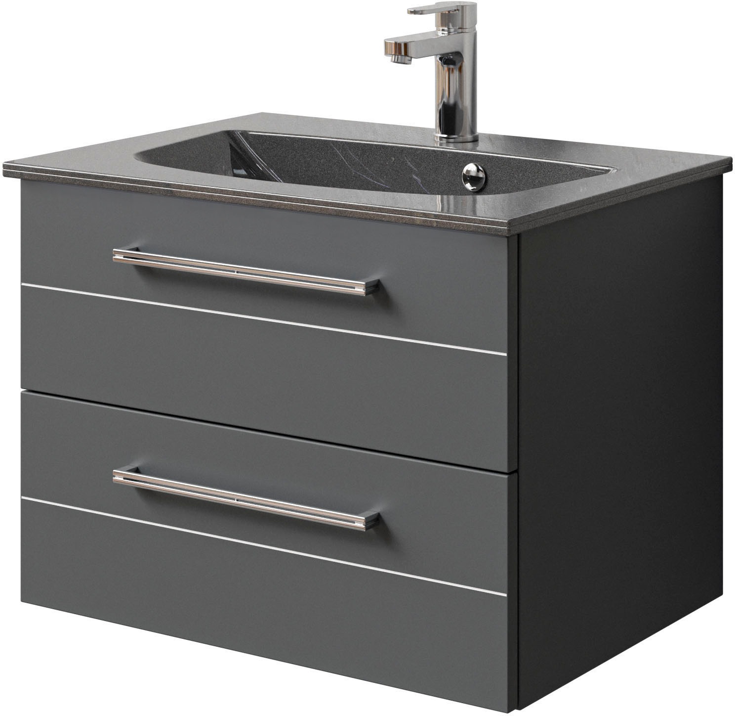 Saphir Badmöbel-Set »Serie 6025 2-teilig Mineralmarmor-Waschtisch mit LED-Spiegelschrank«, (2 St.), Waschplatz 67 cm breit, 2 Schubladen, 2 Spiegel-Türen, inkl Türdämpfer