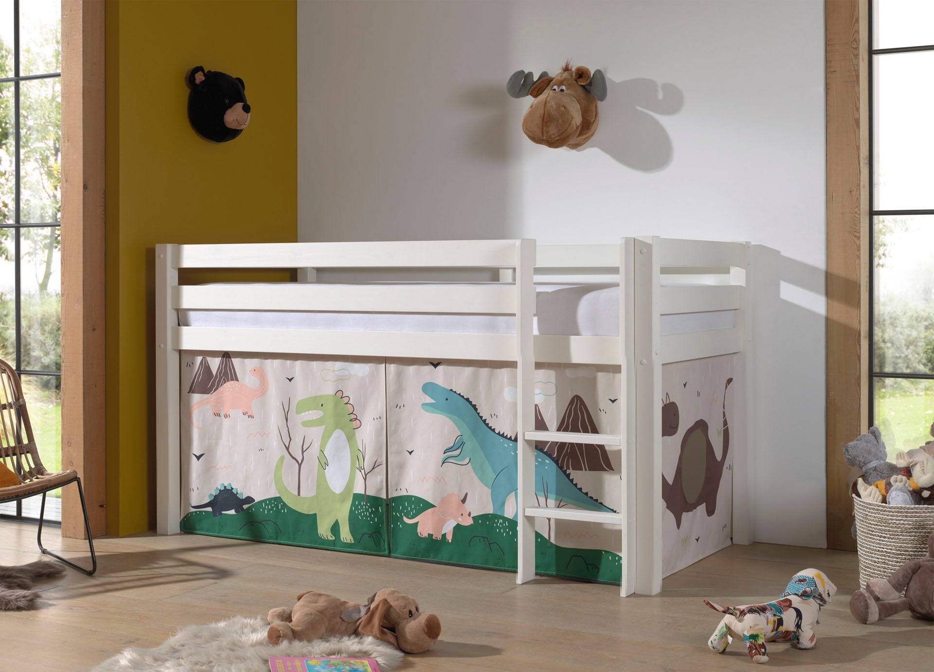 Vipack Spielbett »Pino, Kiefer massiv, mit Rolllattenrost u. Textil-Set, Made in Europe«, (B/H/T ca. 210x114x106cm, mit Leiter und Absturzschutz), verschiedene Textil Dessins, 3 Gestellfarben zur Wahl