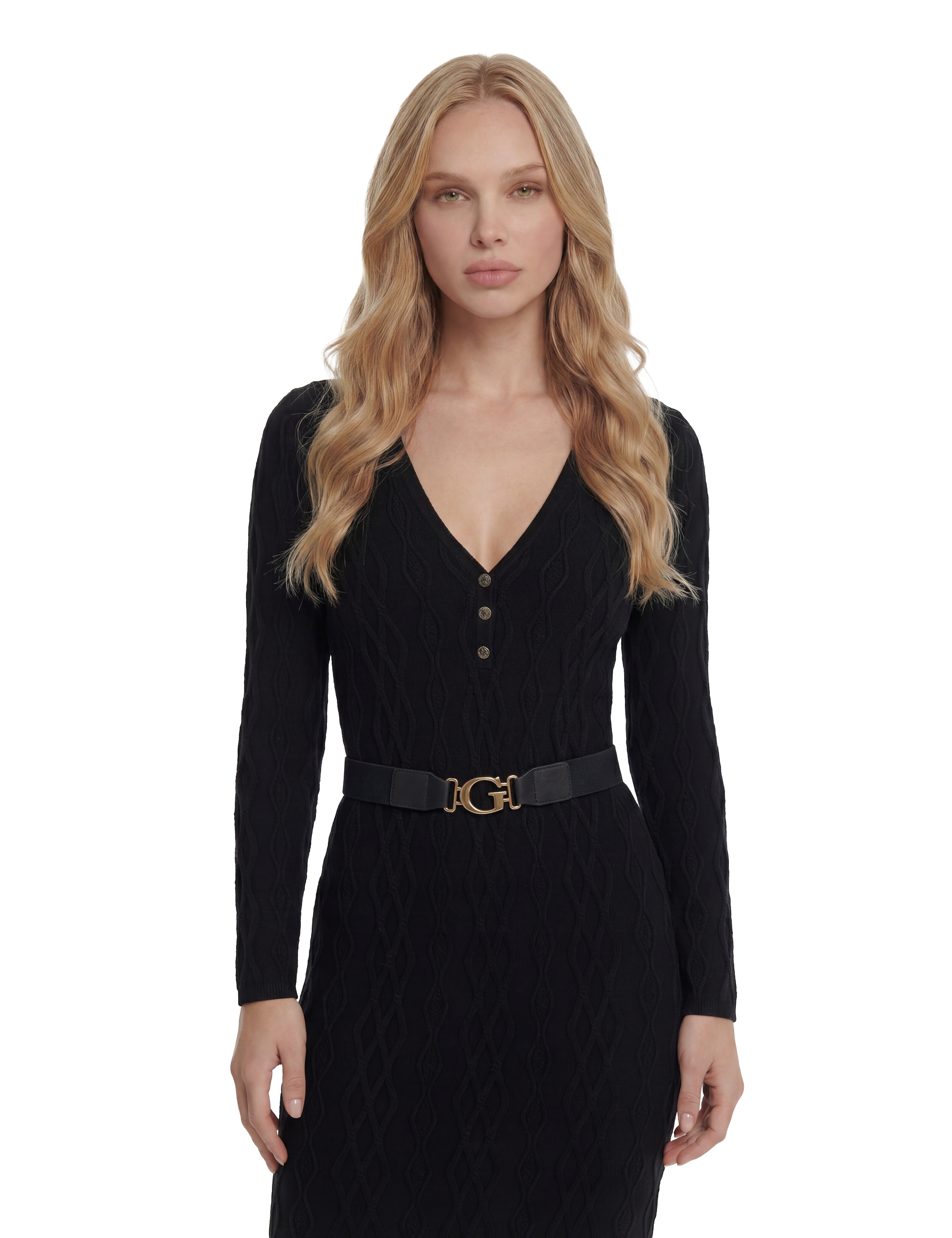Guess Strickkleid »LS YUKI CABLEBODYCON DRESS« mit Taillengürtel, figurbetont