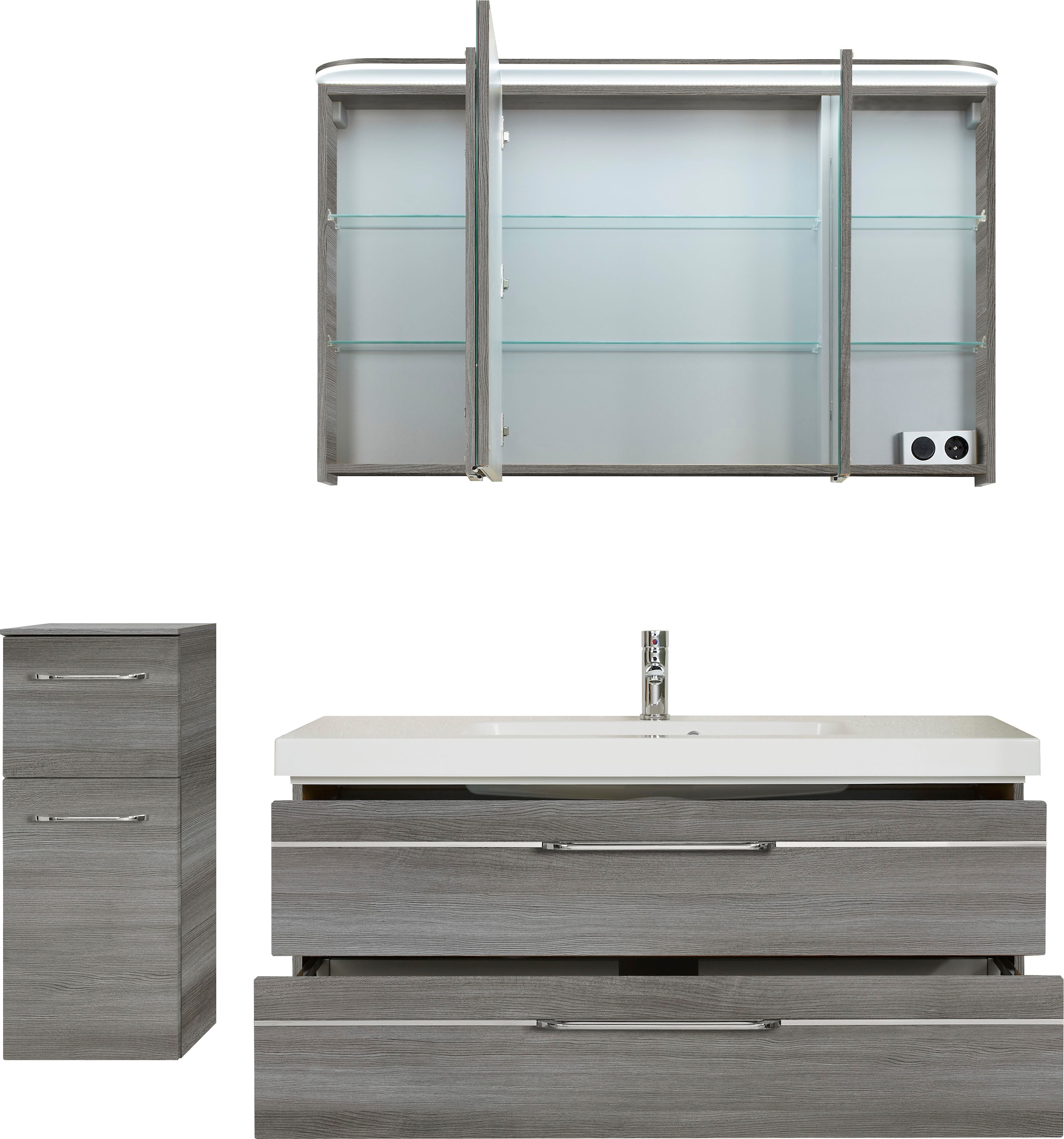 Saphir Badmöbel-Set »Balto Sprint 3-teilig, Mineralmarmor-Waschtisch mit LED-Spiegelschrank«, (4 St.), Badezimmer Set mit Unterschrank inkl Türdämpfer, 3 Türen, 2 Schubladen