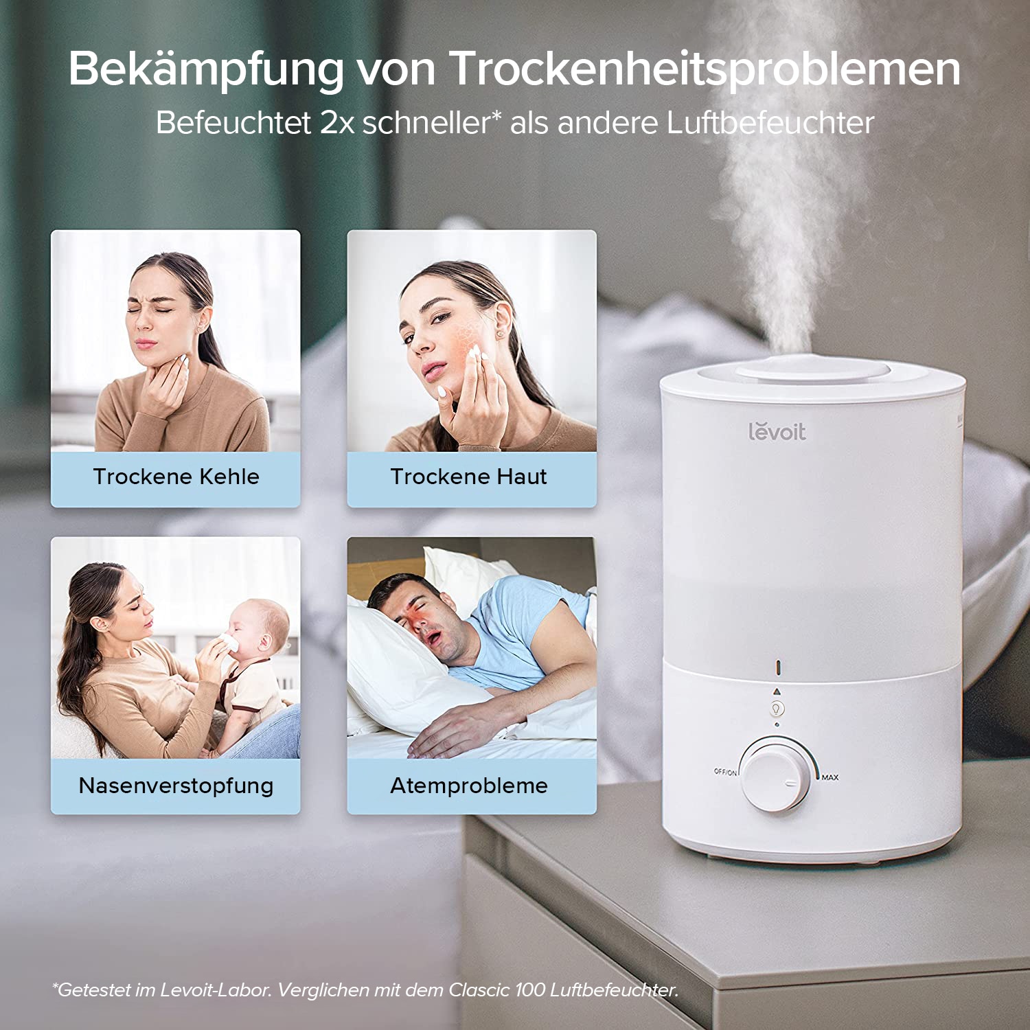 Levoit Kombigerät Luftbefeuchter und -reiniger »Dual 150 Ultrasonic Cool Mist Humidifier« für 27 qm Räume Top-Fill, 3 l, mit Nachtlicht, 25 Std. Laufzeit, spülmaschinenfest