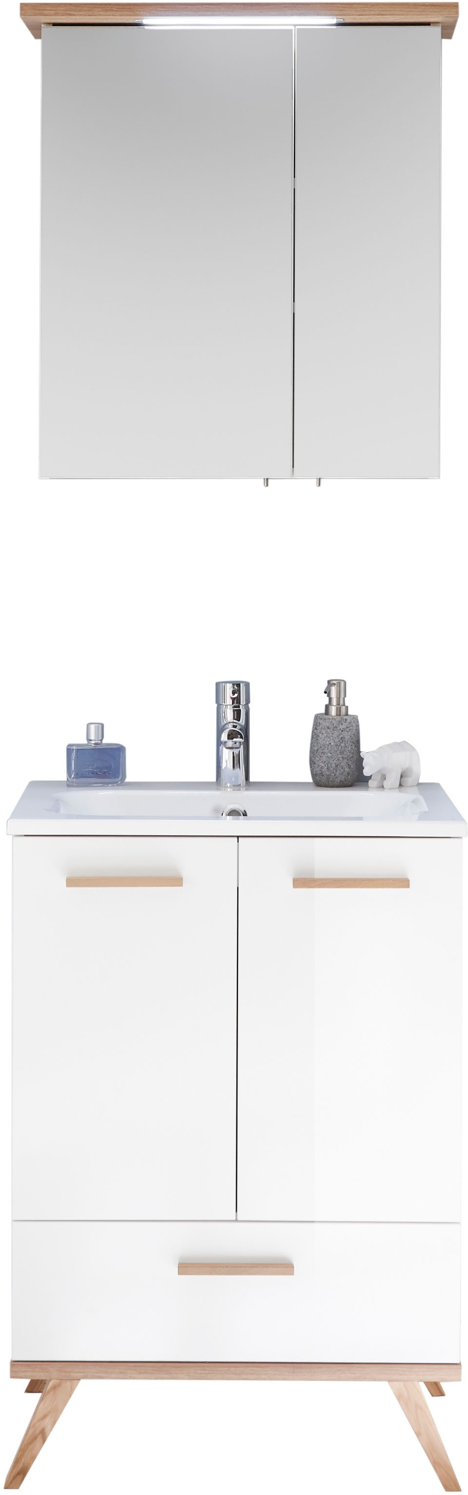 Saphir Badmöbel-Set »Quickset 2-teilig, Mineralmarmor-Waschtisch und LED-Spiegelschrank«, (2 St.), Waschplatz 61 cm breit, 4 Türen, 1 Schublade, 2 Einlegeböden, Bad-Set