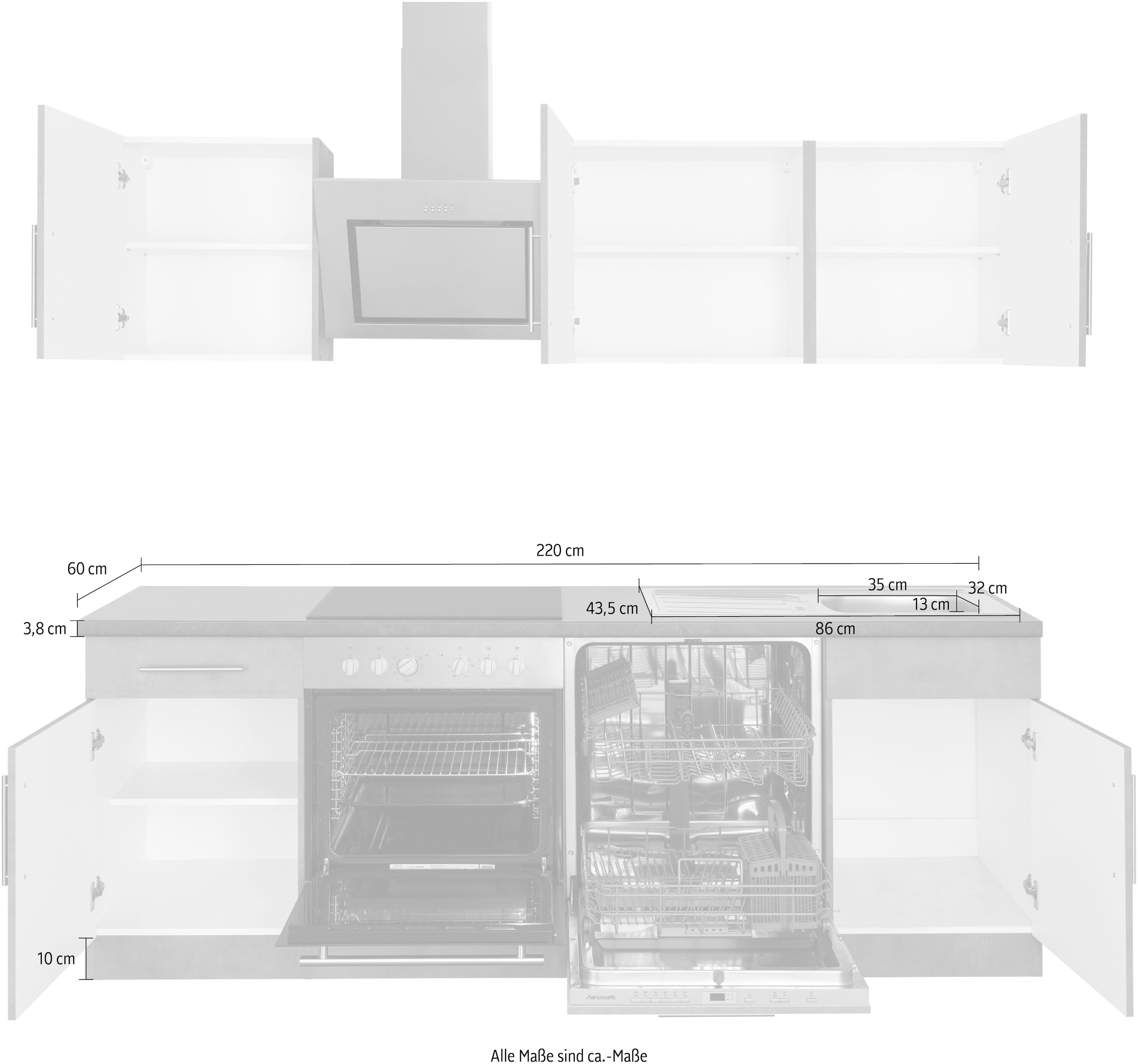 wiho Küchen Küchenzeile »Cali«, mit E-Geräten, Breite 220 cm mit Hanseatic E-Geräten