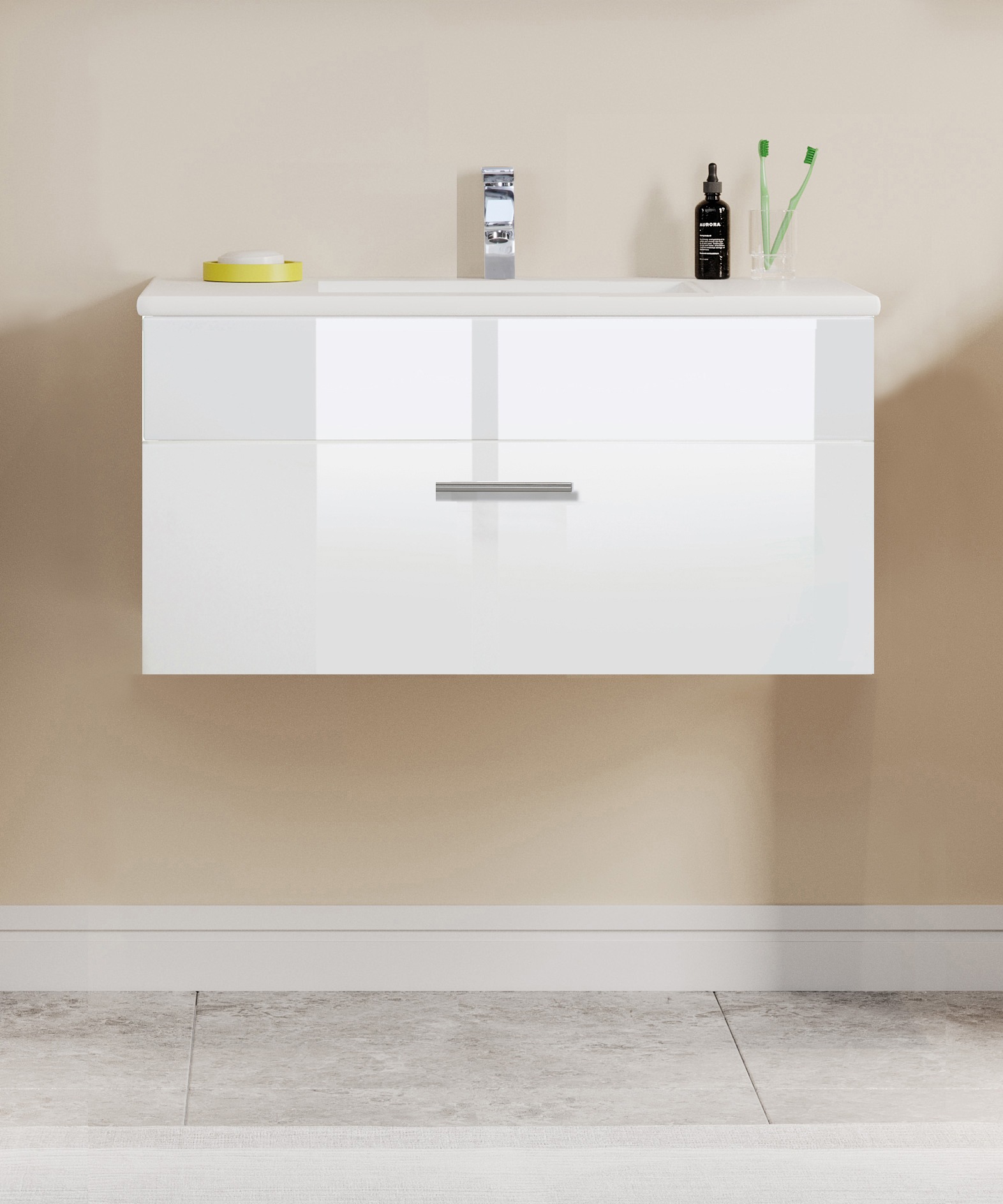 welltime Waschtisch »Trento Light mit Keramik-Auflagebecken«, 1 feste Blende und 1 Auszug, Breite: 101cm, Weiß Hochglanz