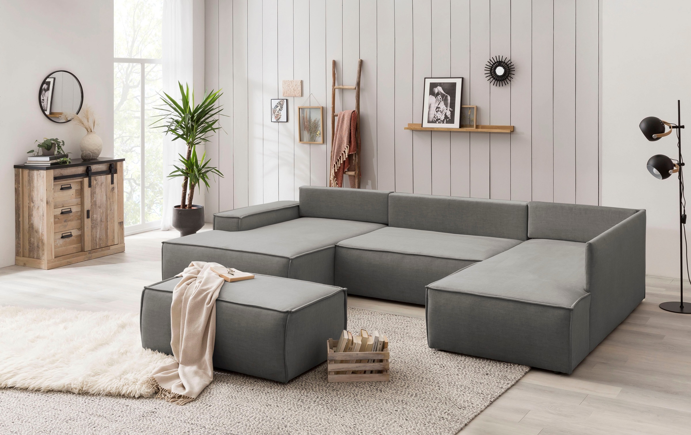 Home affaire Wohnlandschaft »SHERWOOD 329 cm, U-Form, Schlafsofa,«, Schlaffunktion m. Bettkasten (194x139 cm), Cord, Vintage, Samtvelours