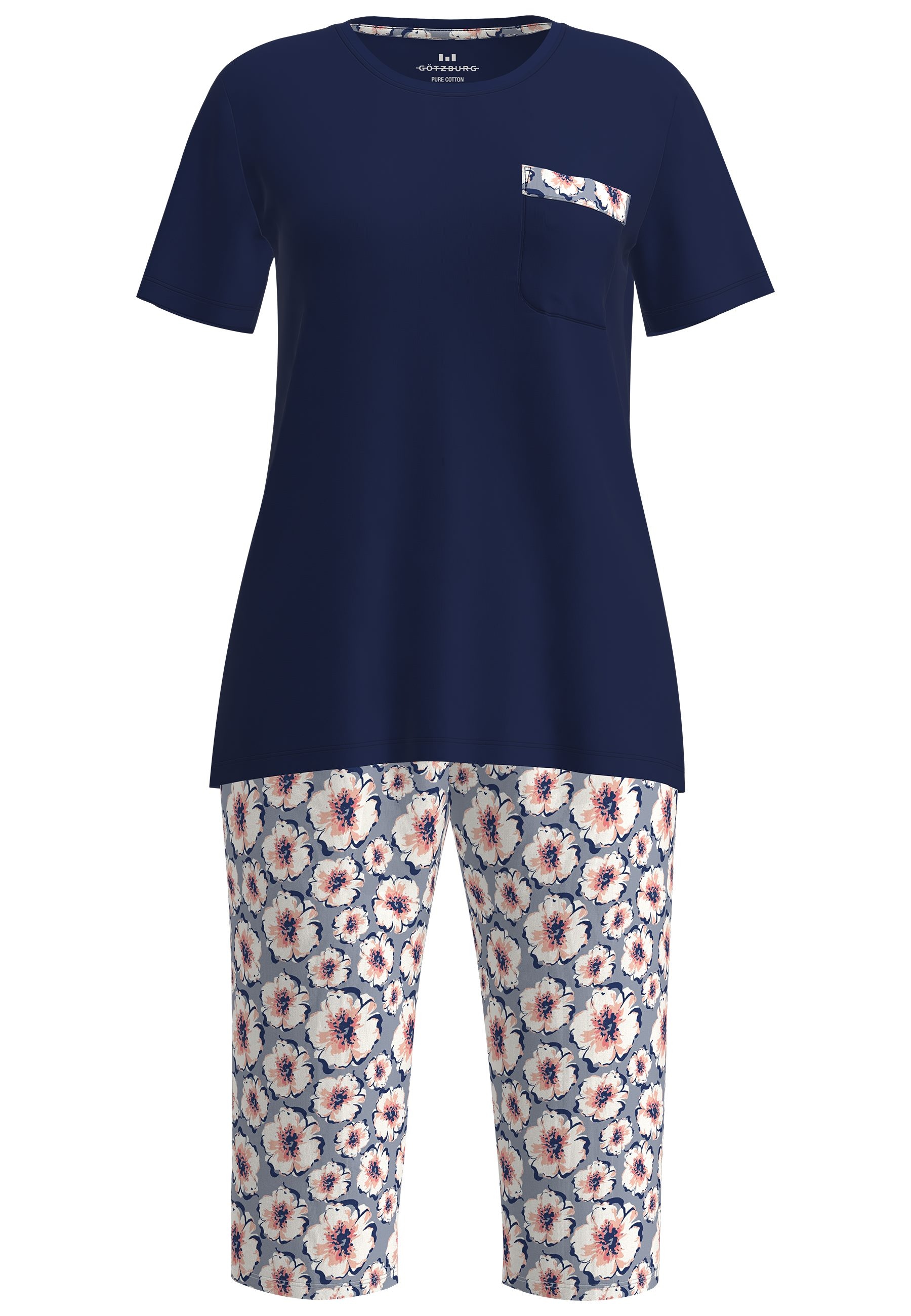 GÖTZBURG Capri-Pyjama »Galway«, (2 tlg.), Kurzarm, 3/4 lange Hose, Rundhalsausschnitt, Baumwolle, feminin