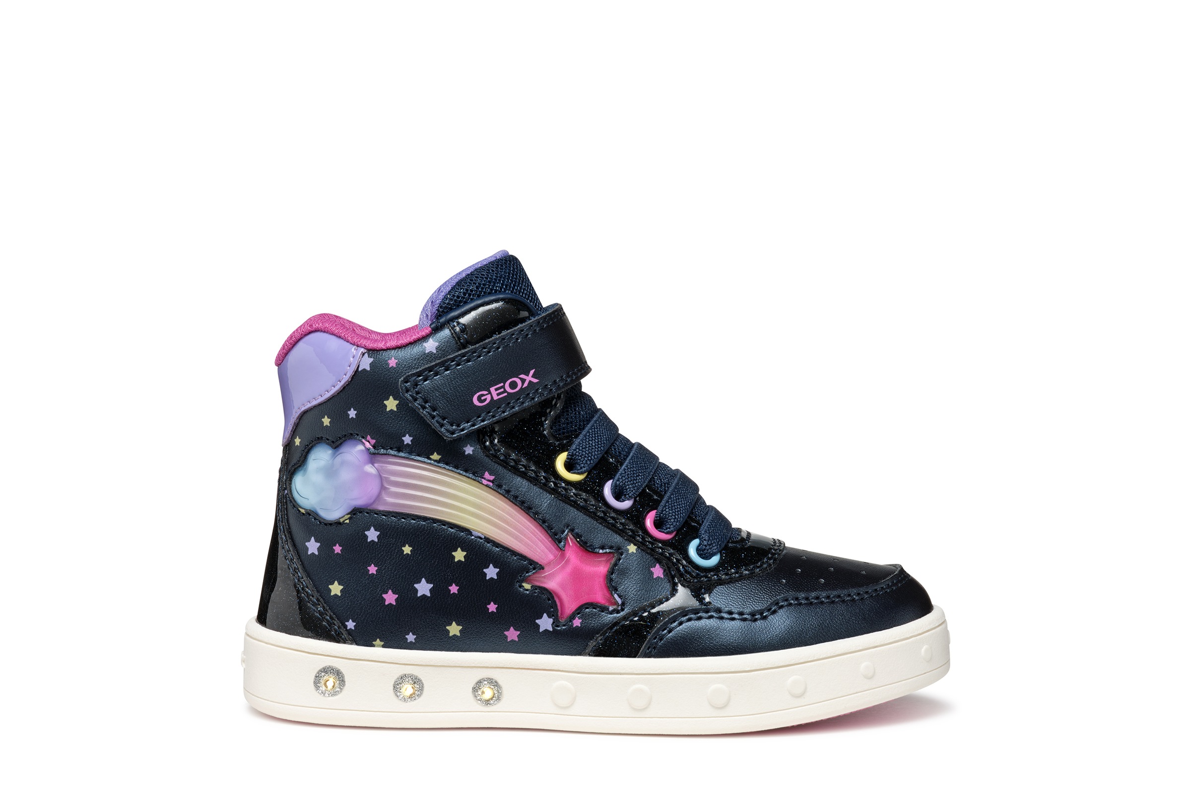 Geox Sneaker »J SKYLIN GIRL Blinkschuh«, Schnürboots, Blinkschuh mit Glitzer und Blinkfunktion