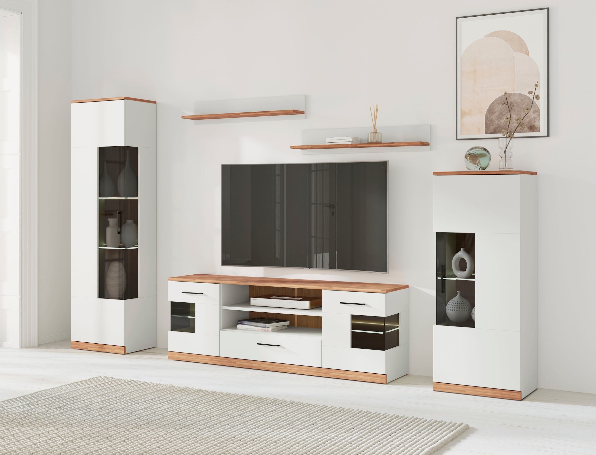 Wohnwand OTTO HOME "Ribe Wohnwand Set-5 St.", weiß, eiche, B:260cm H:180cm T:35cm