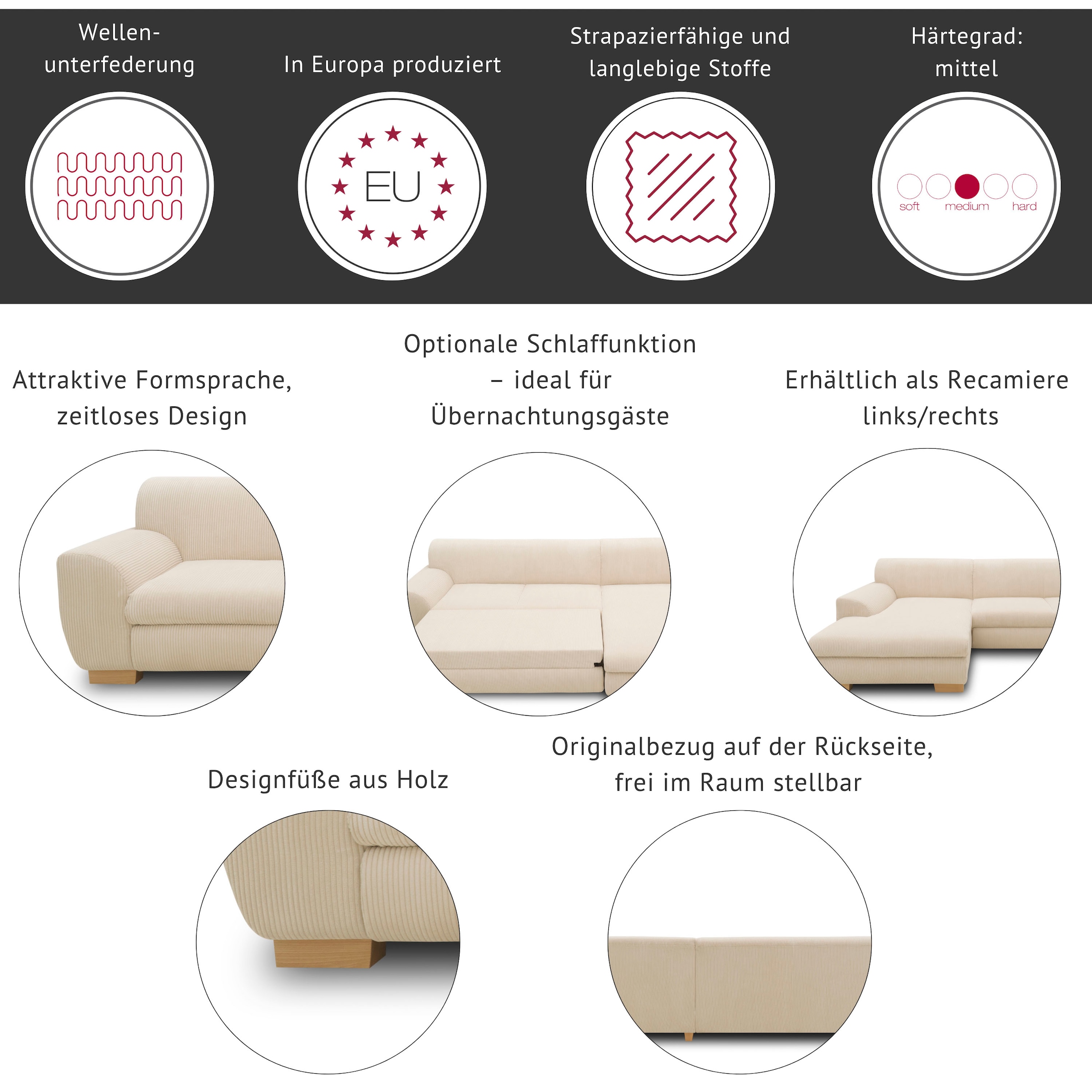 Home affaire Sofa »Nika L-Form« als 2-oder 3-Sitzer, in Microfaser PRIMABELLE® oder Struktur