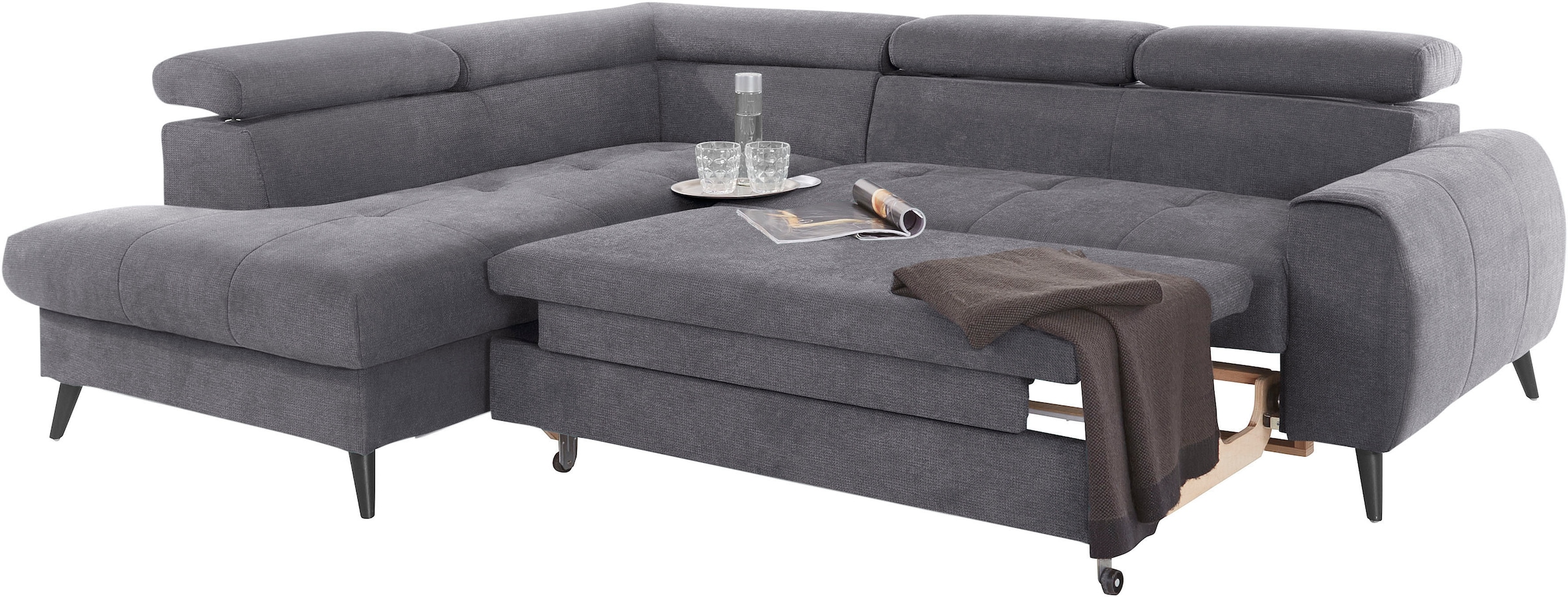COTTA Ecksofa »Mia L-Form mit 3 Zierkissen«, wahlweise mit Bettfunktion, Bettkasten, Beleuchtung & Wireless-Charger