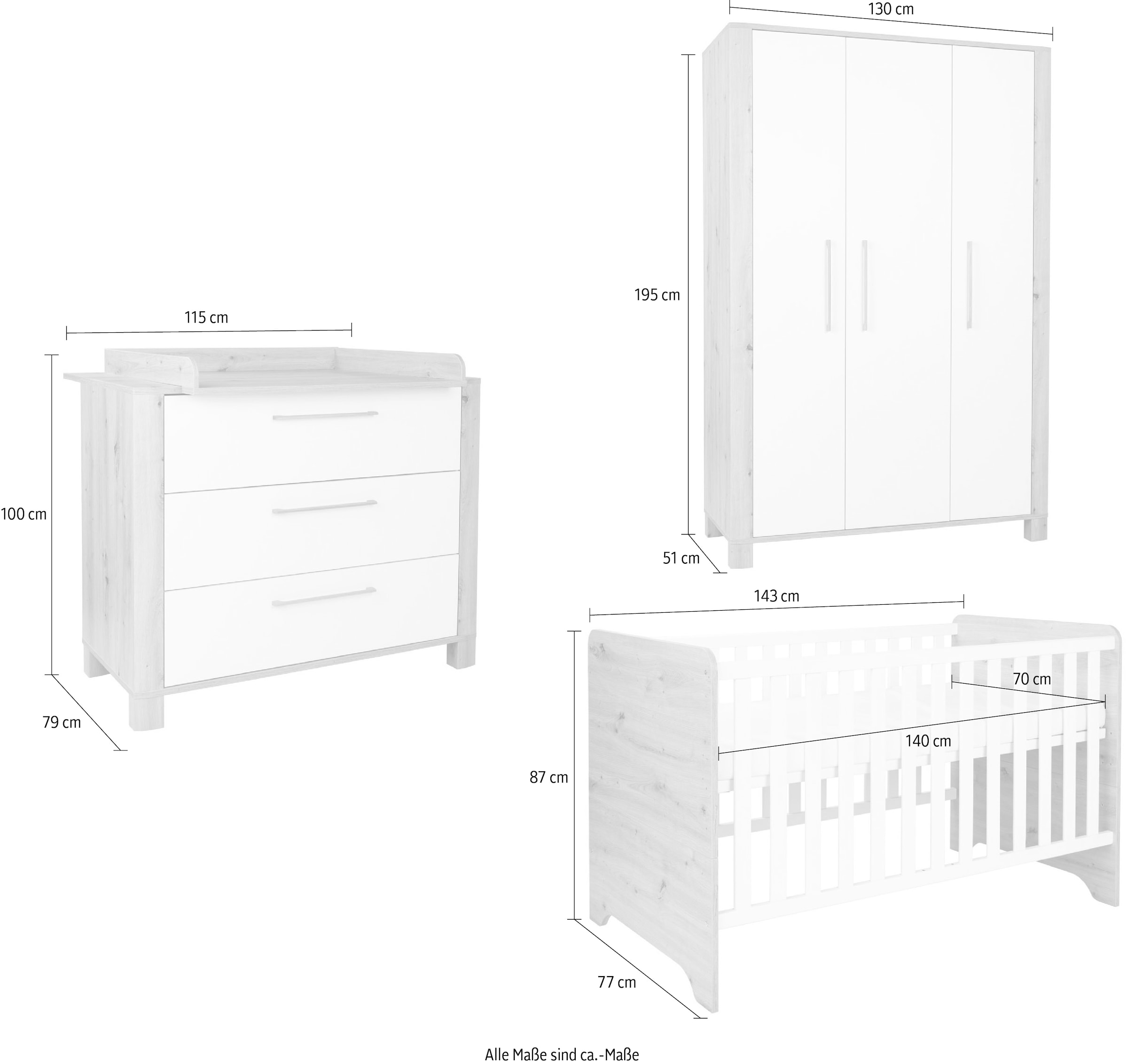 arthur berndt Babyzimmer-Komplettset »Babyzimmer Set »Marlon« 3-teilig«, (Set, 3 tlg., Kleiderschrank, Kinderbett und Wickelkommode)