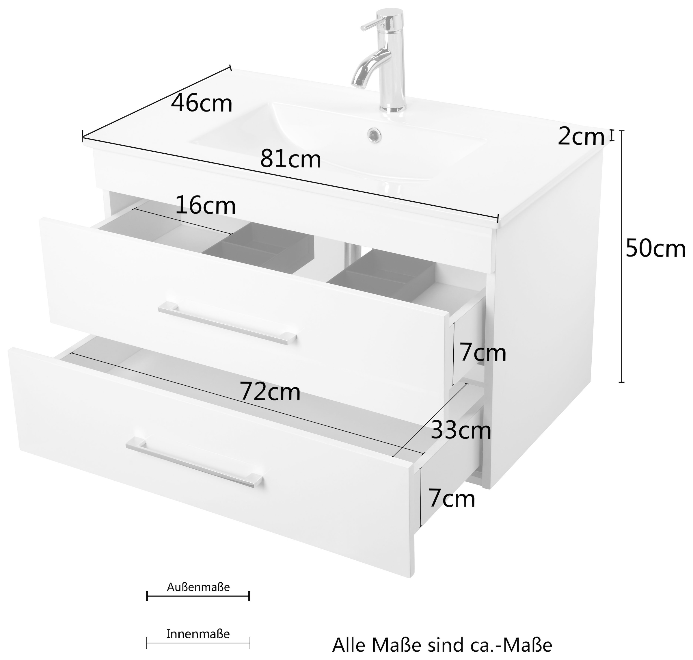 welltime Waschtisch »Florenz Badmöbel Badschrank mit Waschbecken«, Waschplatz mit 2 Auszügen und Softclose Breite 80cm