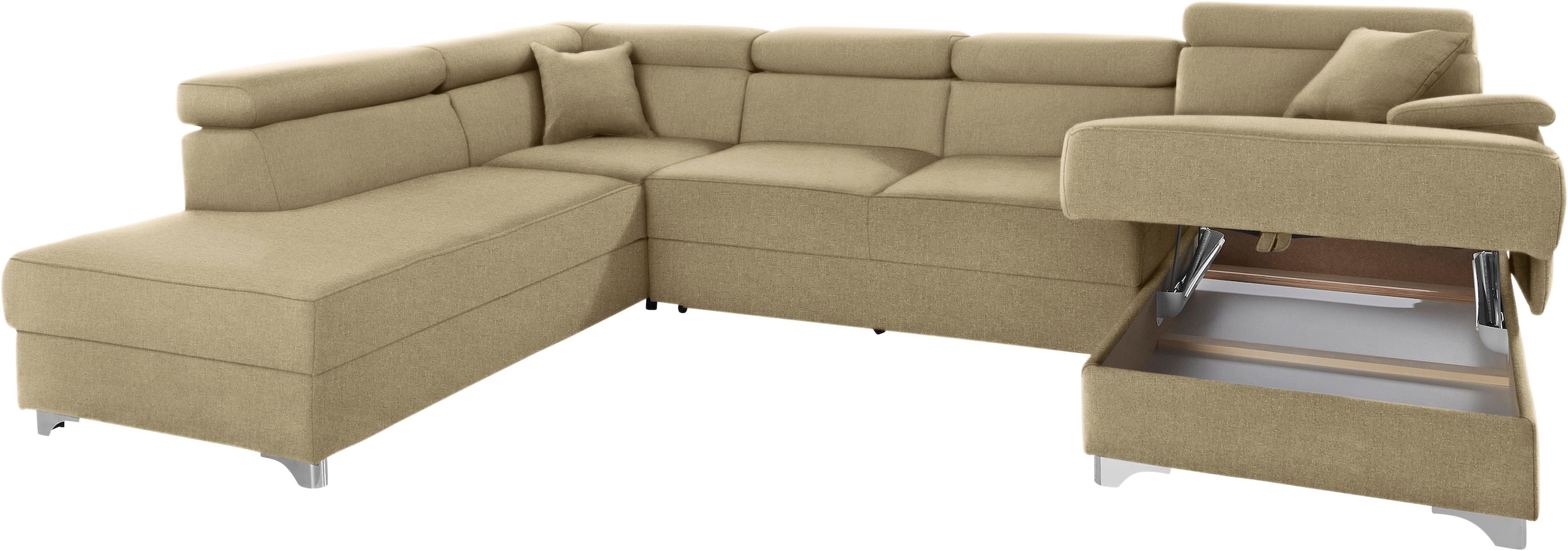 DOMO collection Wohnlandschaft »Mira, inklusive Kopfteilverstellung für mehr Wohlfühlkomfort, U-Form«, wahlweise mit Bettfunktion und Bettkasten, elegant und modern