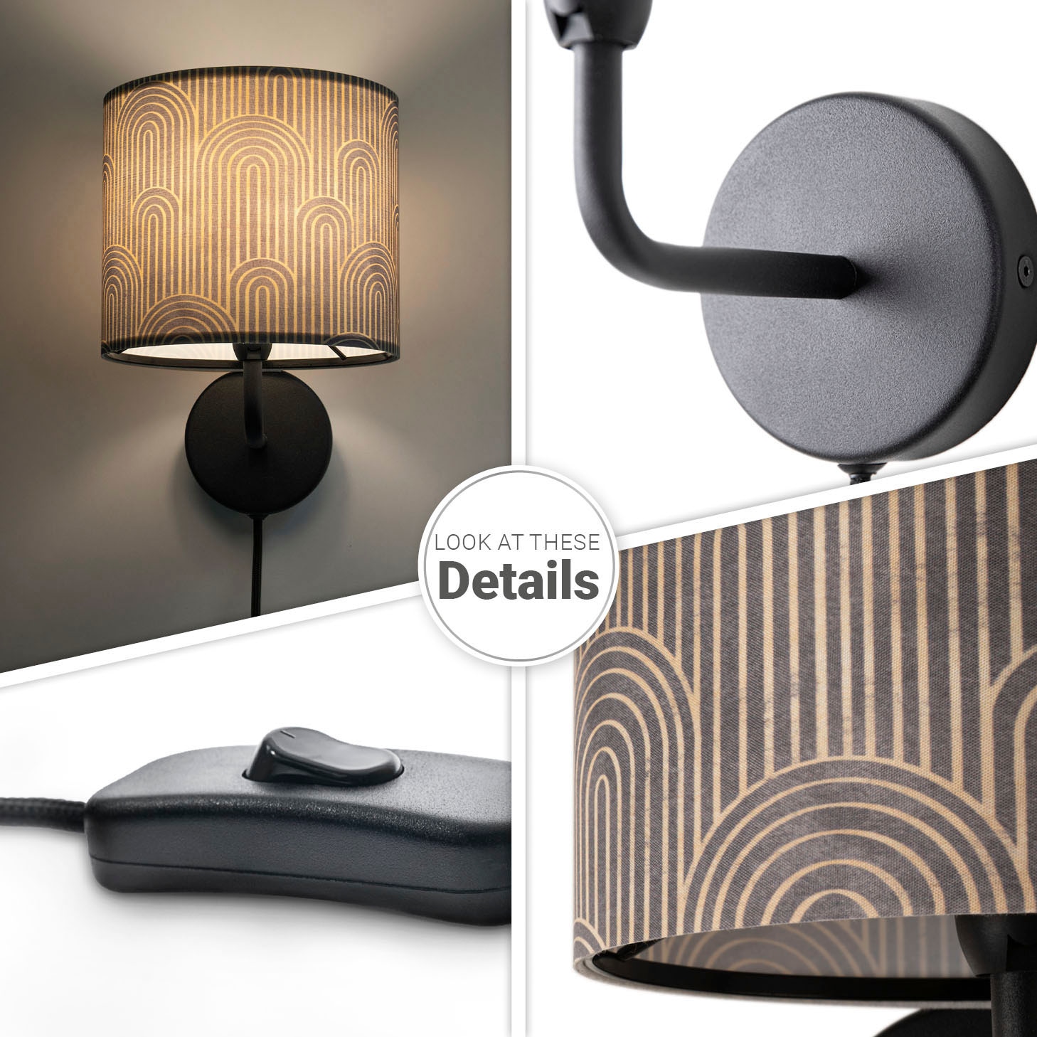 Paco Home Wandleuchte »Luca Pillar«, Leuchtmittel E14 | ohne Leuchtmittel, Stofflampe Rund Wandleuchte Mit Stecker Wohnzimmer Flur Vintage Retro