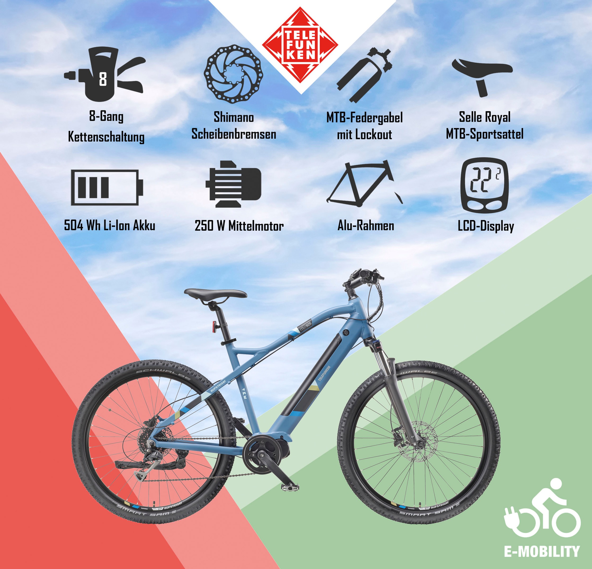 Telefunken E-Bike »Aufsteiger M925«, 8 Gang, Shimano, Acera, Mittelmotor 250 W, Pedelec, Elektrofahrrad für Damen u. Herren, MTB