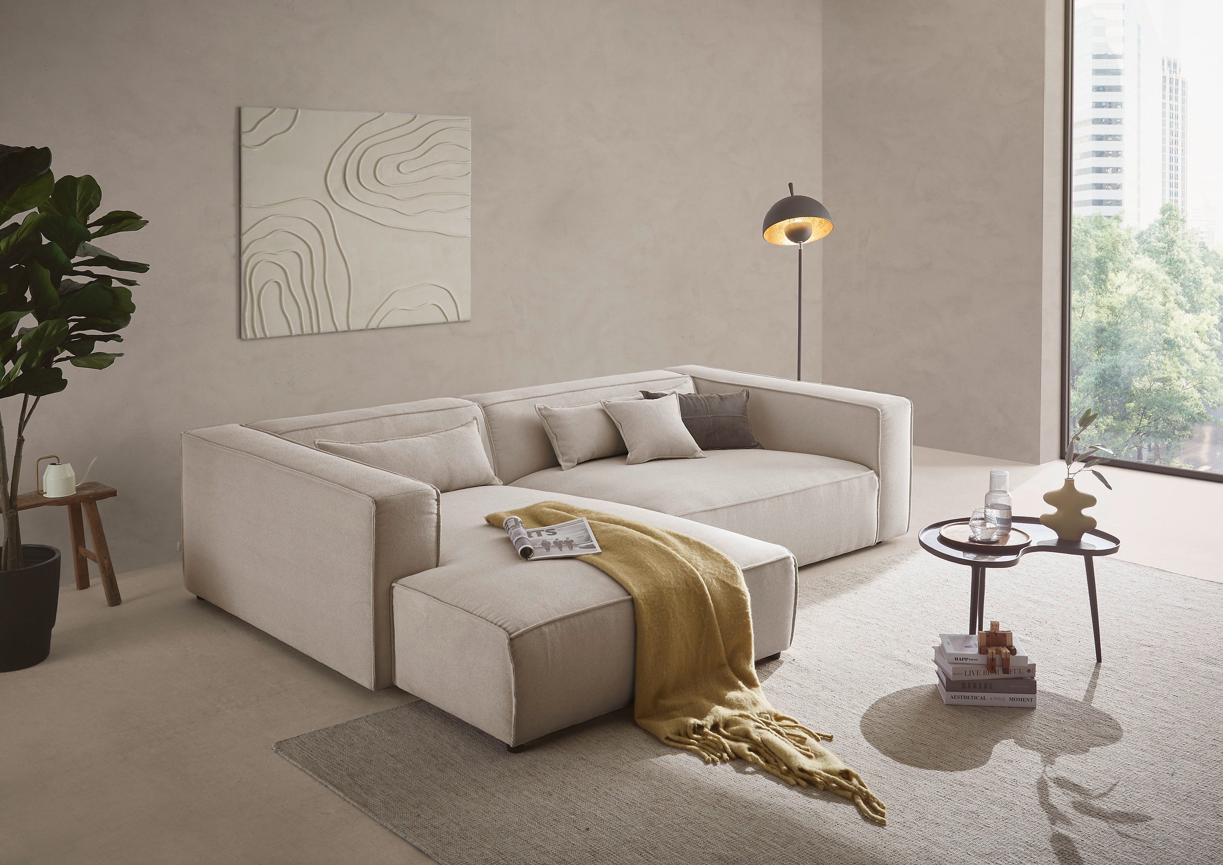 LeGer Home by Lena Gercke Ecksofa »PIARA XXL, Big-Sofa in Cord oder Leinenoptik, L-Form, mit Kedernaht«, wahlweise Ottomane rechts/links, schwarze Füße, extra tiefe Sitzfläche