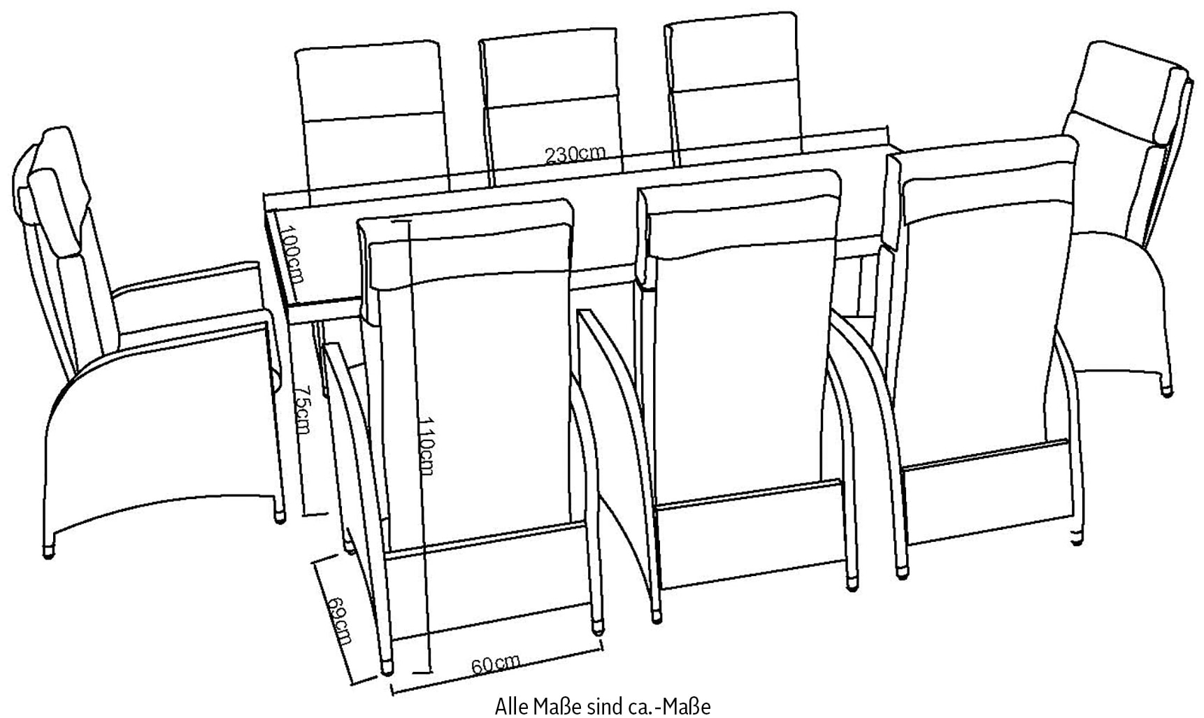 KONIFERA Garten-Essgruppe »»Newcastle«« Set, 8 Sessel, Rückenlehne verstellbar, Tisch 100x230x75 cm, inkl. Auflagen, 17 Stk. tlg. Aluminium/Polyrattan
