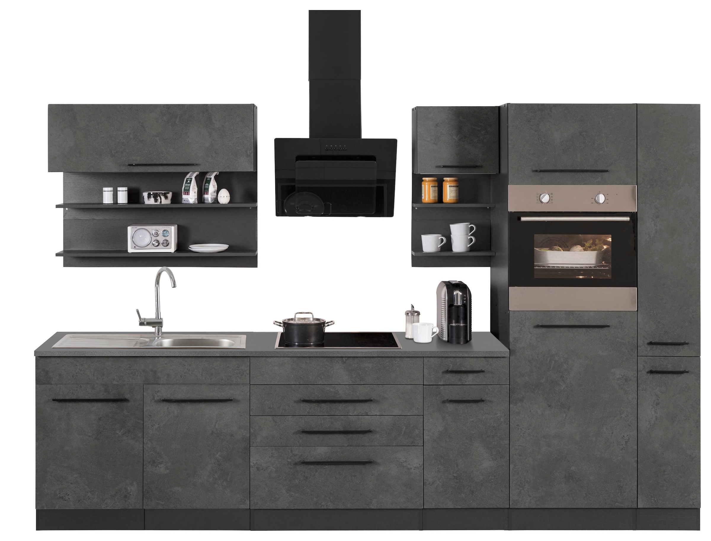 KOCHSTATION Küchenzeile »KS-Tulsa«, ohne E-Geräte, Breite 320 cm, schwarze Metallgriffe, MDF Fronten