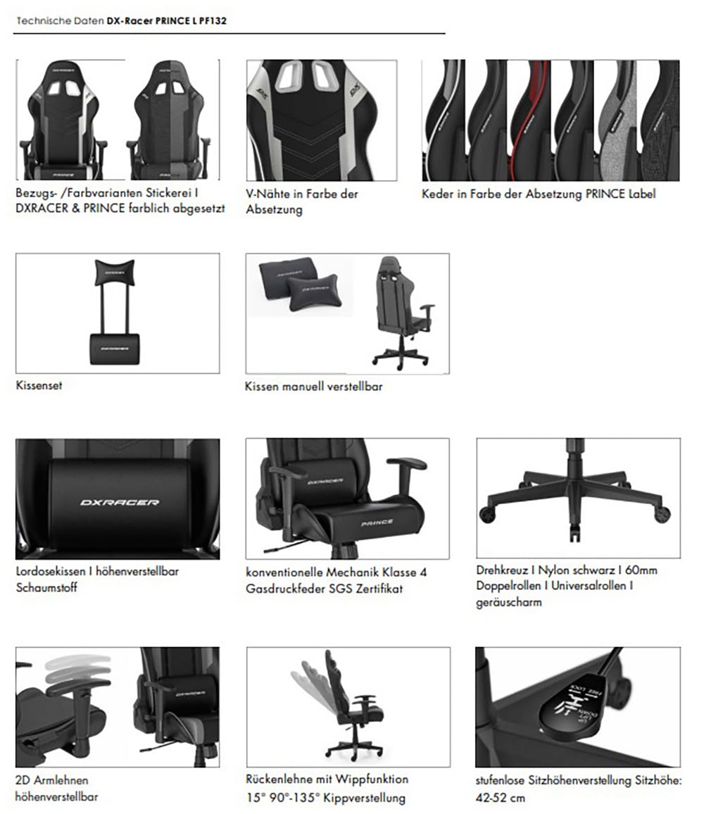 MCA furniture Gaming-Stuhl »DX Racer Prince Gamingchair«, (Set), 1 St., Kunstleder, Gaming,Racing,Design,Lordose,Kissen,Armlehne,drehbar,verstellbar