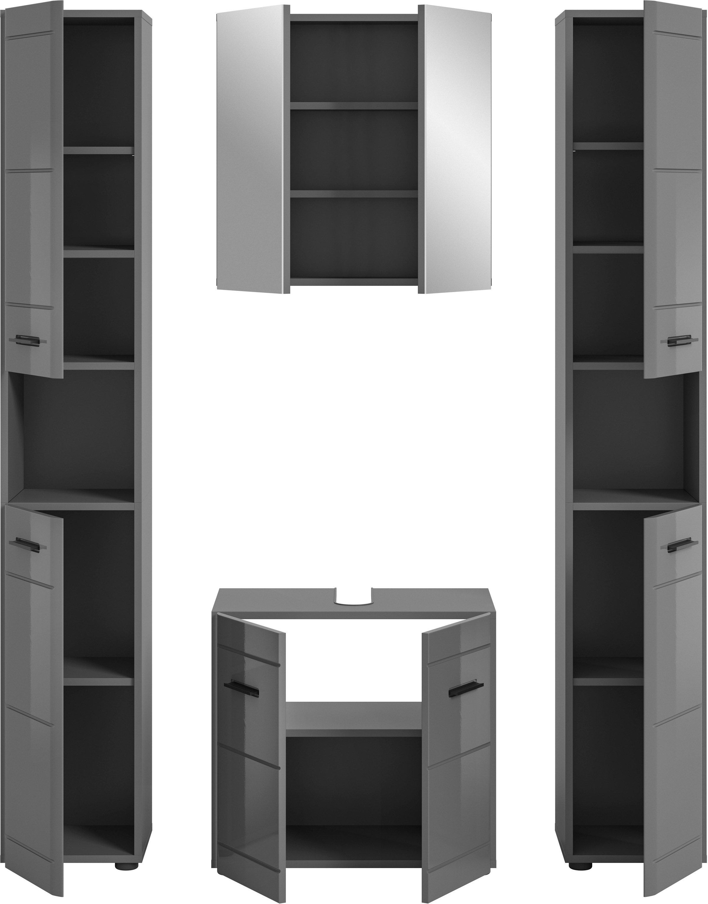 welltime Badmöbel-Set »Doux, bestehend aus: 2x Hochschrank, Waschbeckenunterschrank,«, (4 St.), Spiegelschrank, hochwertige hochglanz MDF Front mit Rillenfräsung