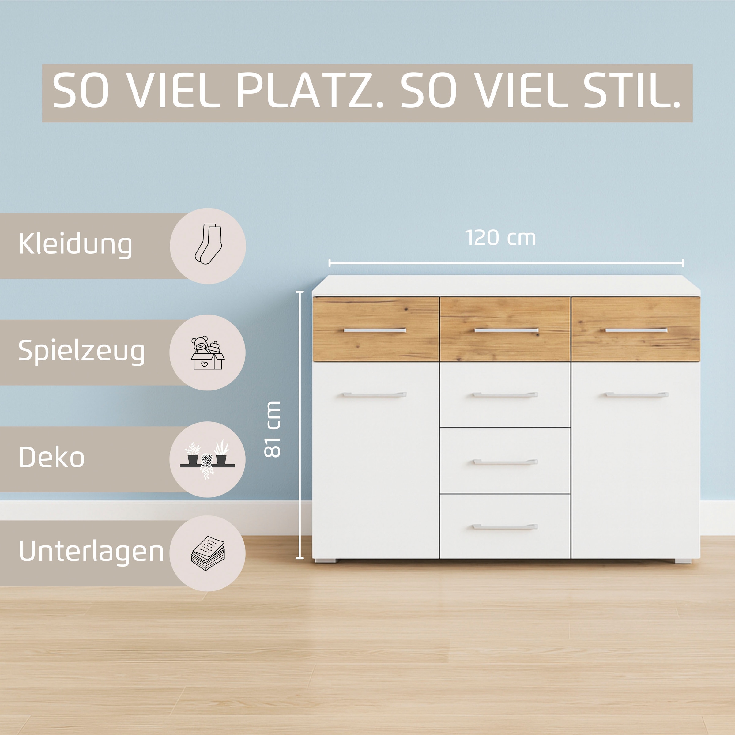 rauch Kombikommode »Sideboard Kommode Schubladenkommode Türenkommode BOSTON-EXTRA« B/H/T: 120/81/42 cm,  mit 6 geräumigen Schubladen, Einlegeböden verstellbar MADE IN GERMANY