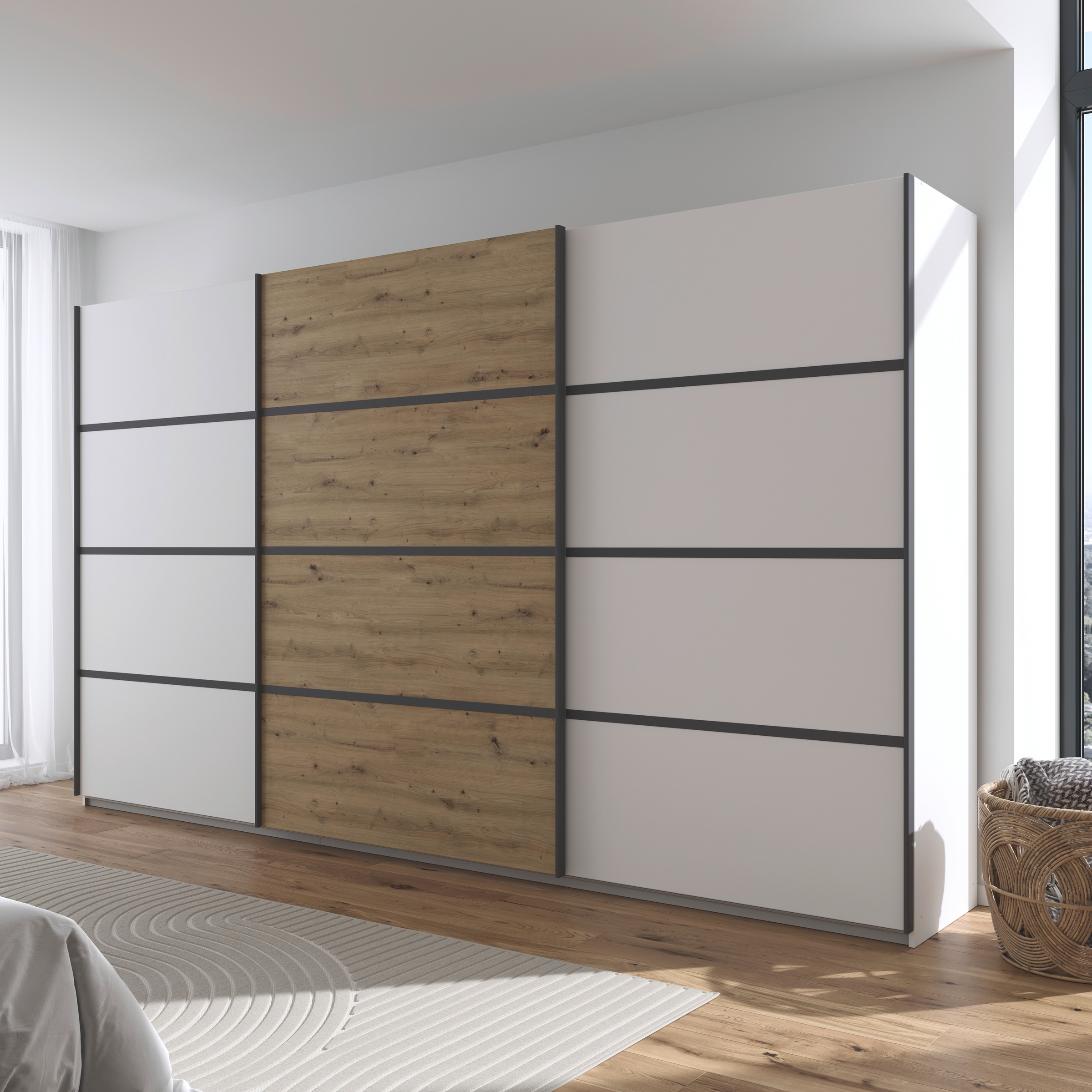 rauch Kleiderschrank »Schwebetürenschrank Garderobe Schrank TOP ANGEBOT Avola«, (in 3 verschiedenen Ausstattungen BASIC/CLASSIC/PREMIUM), mit eleganten Zierleisten in Chrom, Schwarz oder Weiß MADE IN GERMANY