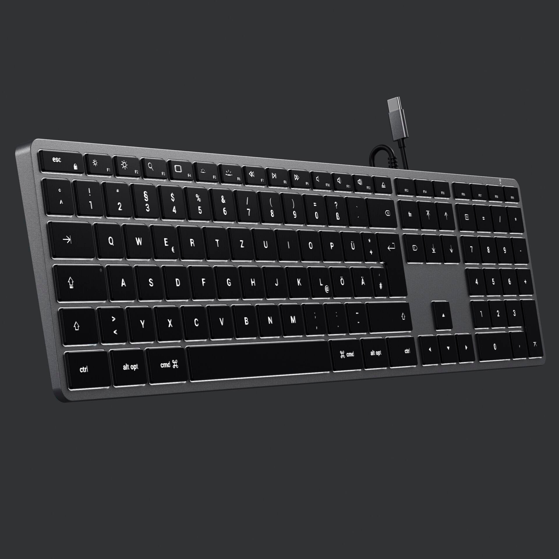 Satechi Tastatur »Slim W3 USB-C Wired Keyboard-DE (German)«, (Funktionstasten-Lautstärkeregler-Multimedia-Tasten-USB-Anschluss-Ziffernblock-iOS Sondertasten)